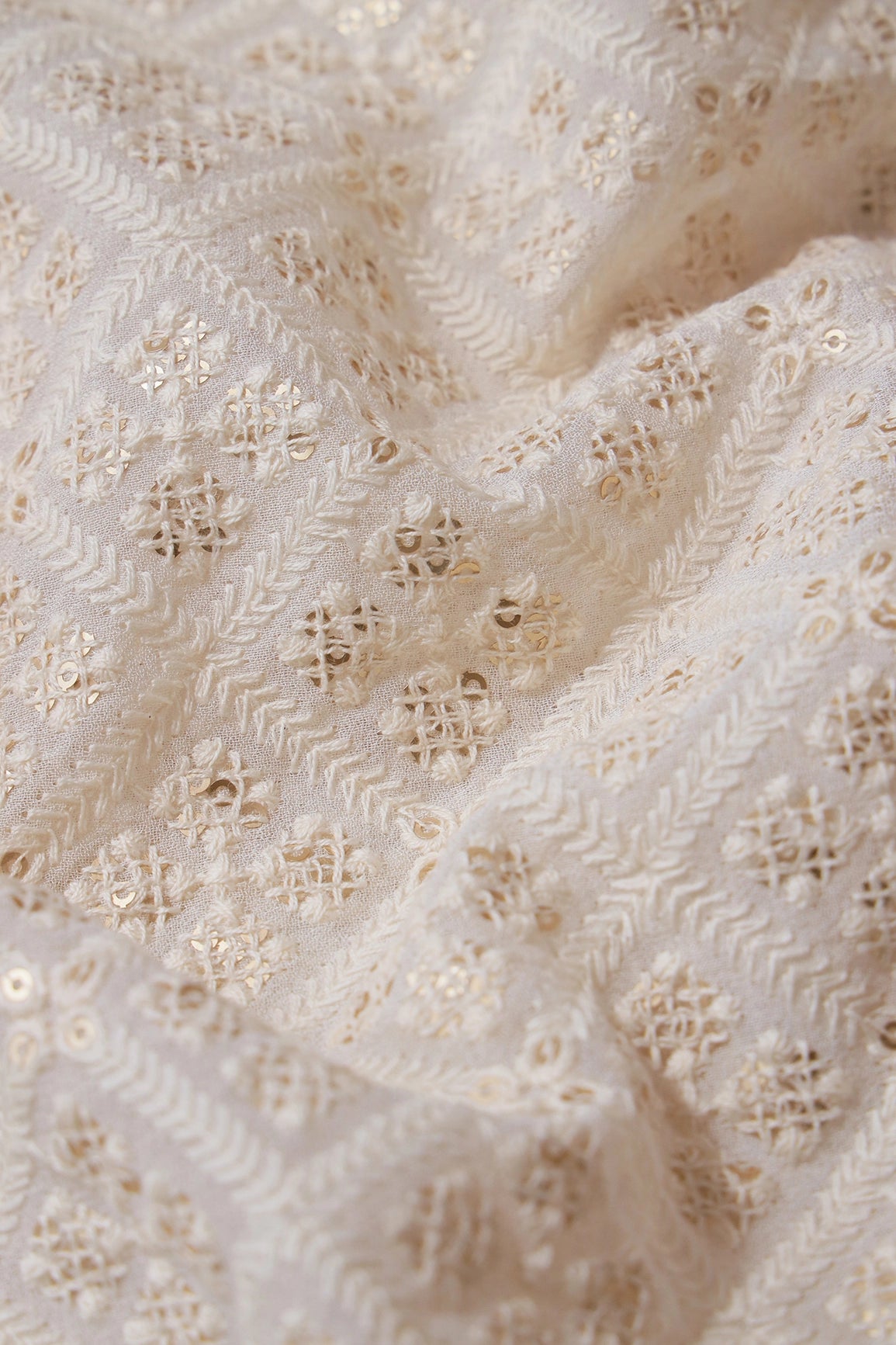 White Thread With Sequins Checks Lucknowi Embroidery On Dyeable Pure Viscose Georgette Fabric With Border