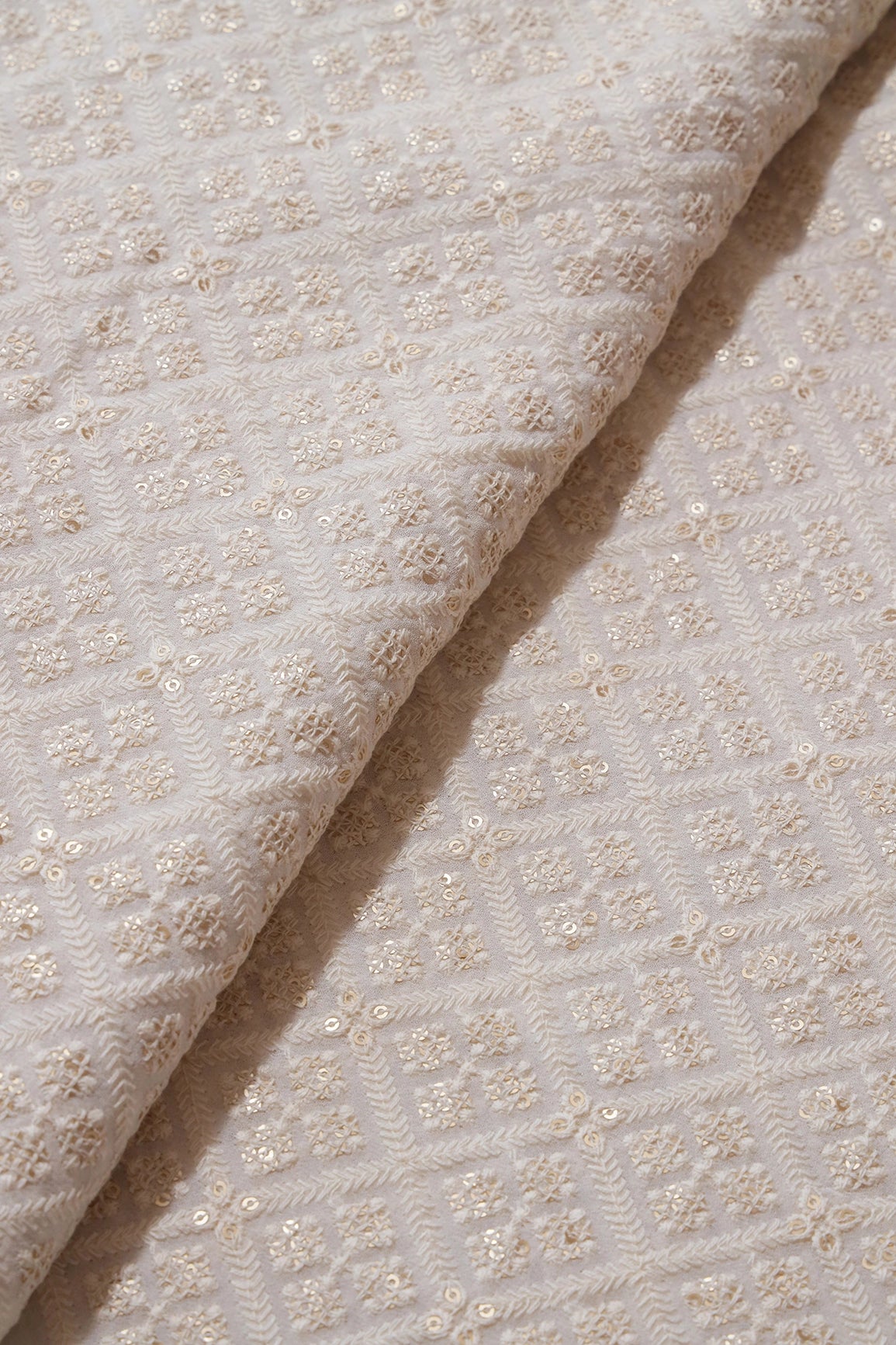 White Thread With Sequins Checks Lucknowi Embroidery On Dyeable Pure Viscose Georgette Fabric With Border