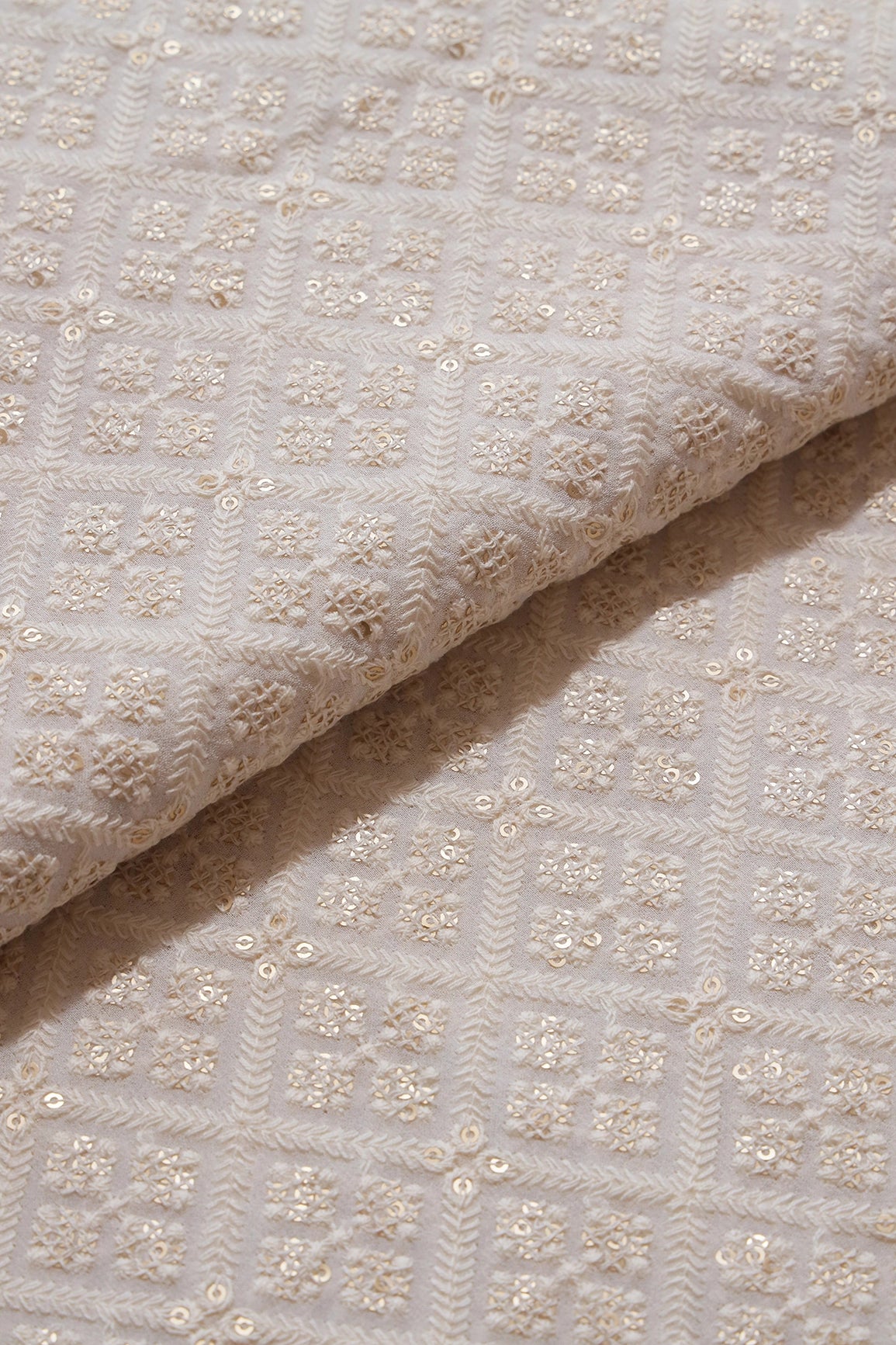 White Thread With Sequins Checks Lucknowi Embroidery On Dyeable Pure Viscose Georgette Fabric With Border