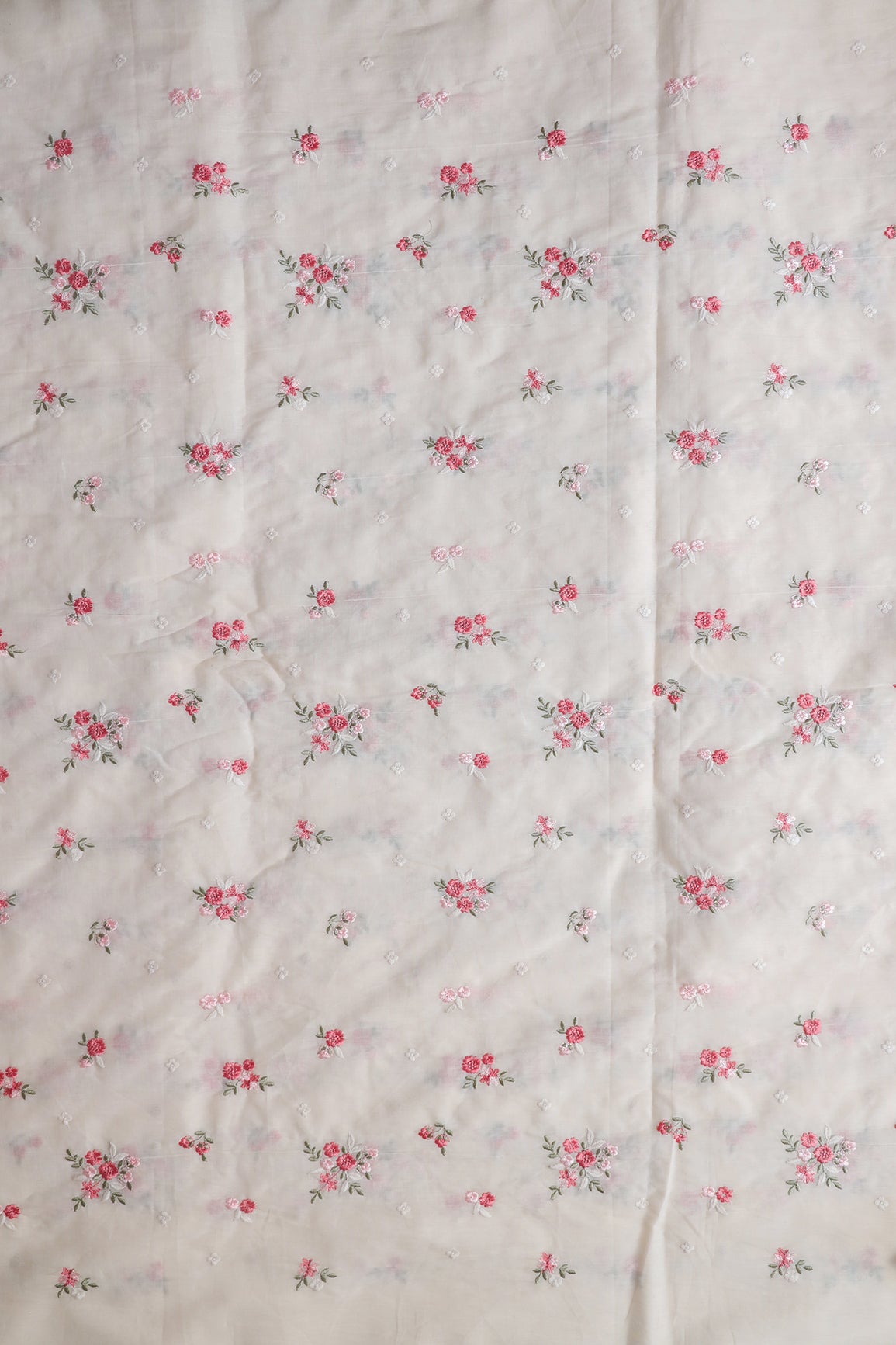 Pink And Olive Thread Beautiful Floral Embroidery On Off White Organic Cotton Fabric