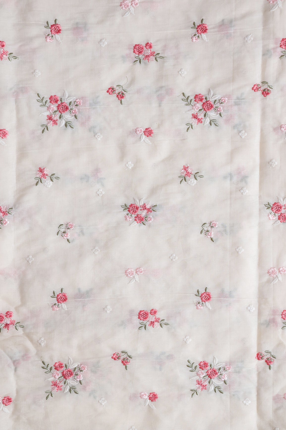 Pink And Olive Thread Beautiful Floral Embroidery On Off White Organic Cotton Fabric