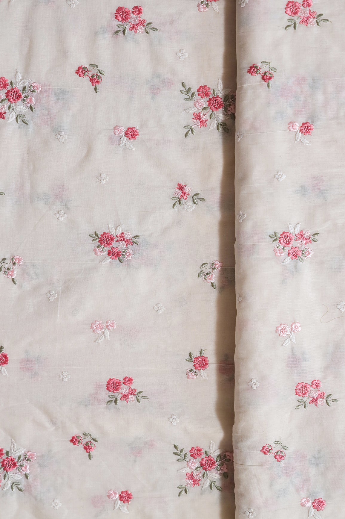 Pink And Olive Thread Beautiful Floral Embroidery On Off White Organic Cotton Fabric