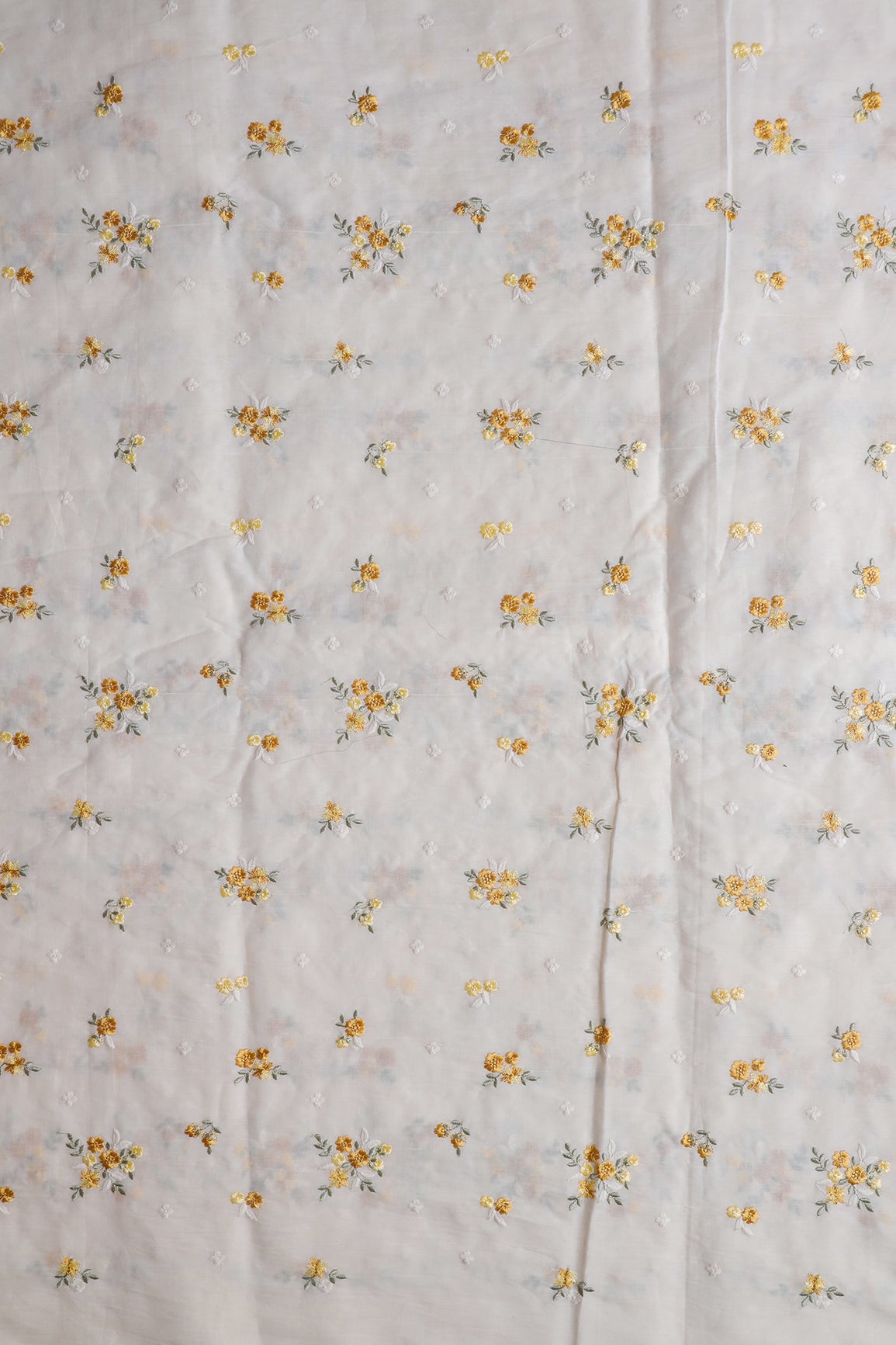 Mustard And Olive Thread Beautiful Floral Embroidery On Off White Organic Cotton Fabric