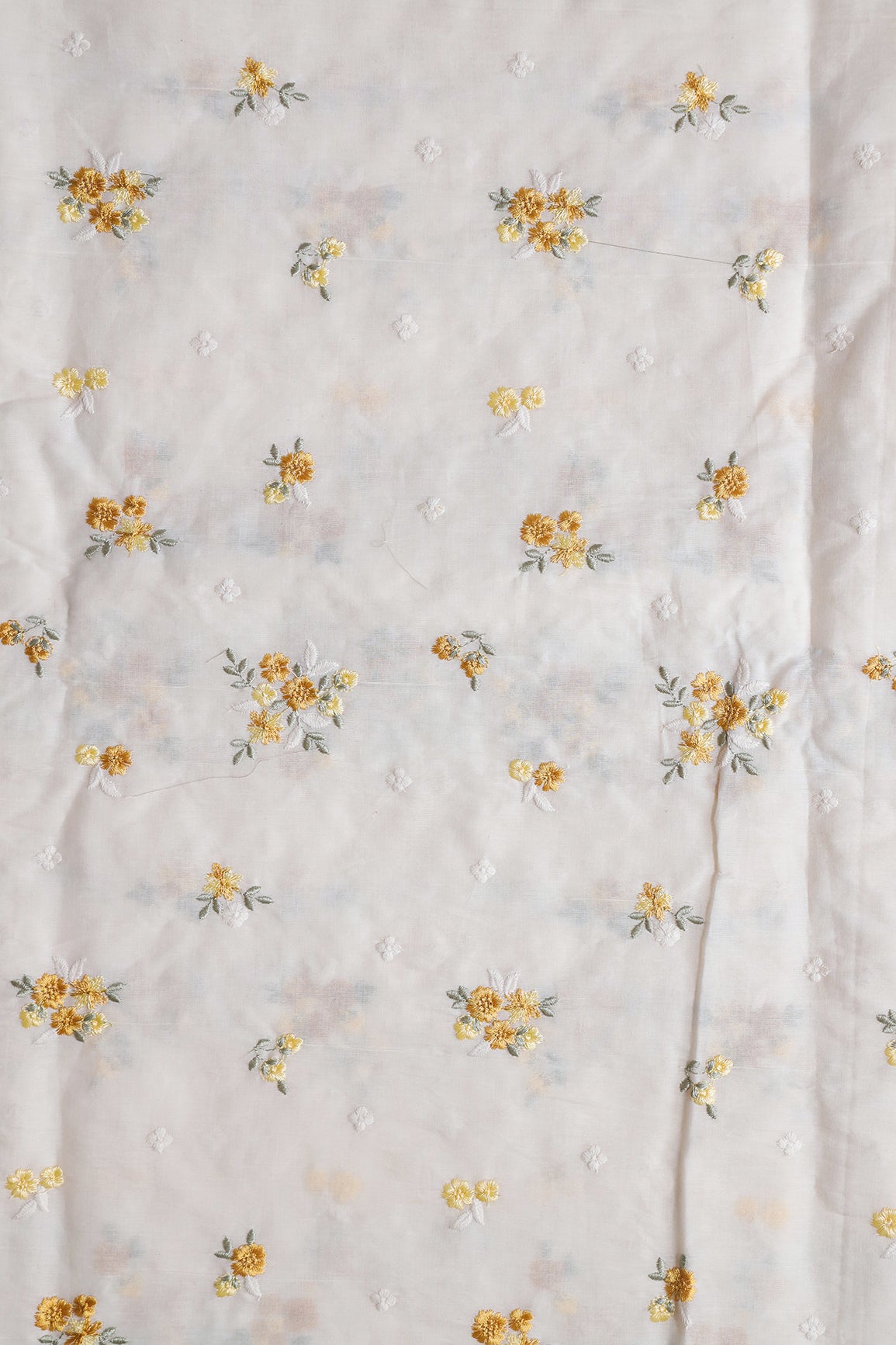 Mustard And Olive Thread Beautiful Floral Embroidery On Off White Organic Cotton Fabric