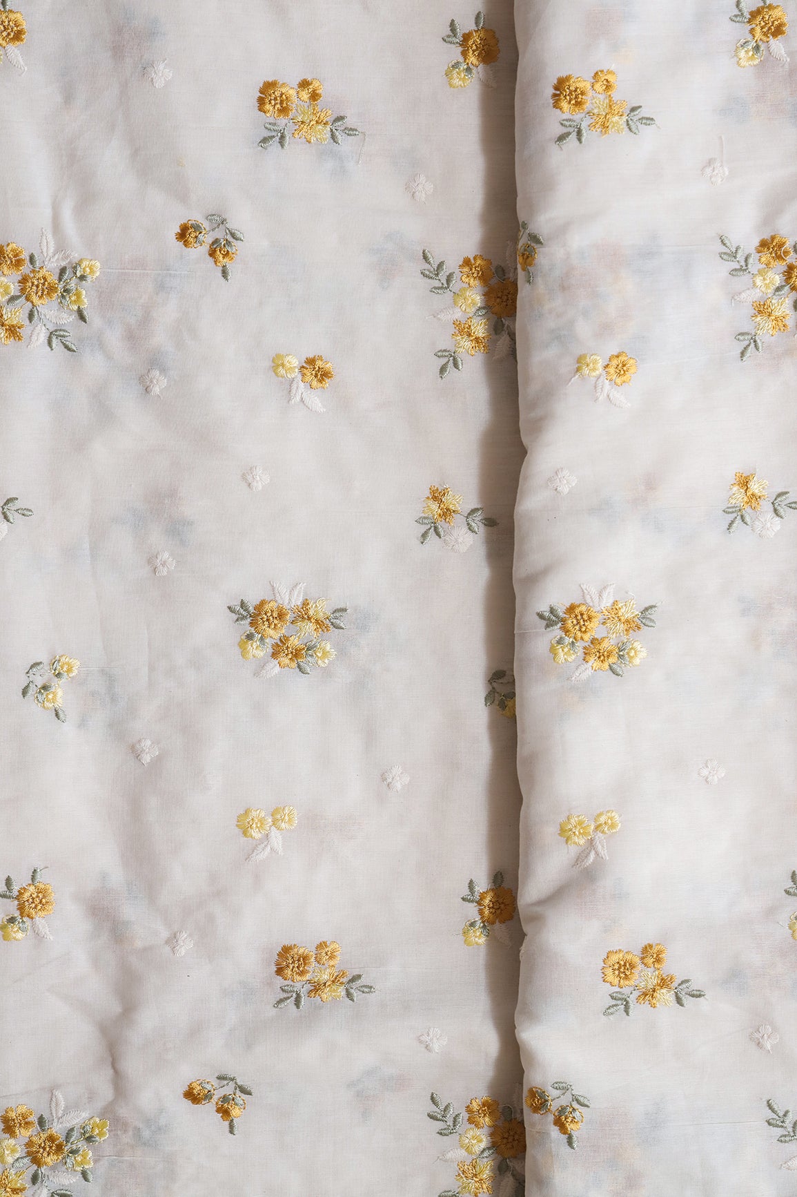 Mustard And Olive Thread Beautiful Floral Embroidery On Off White Organic Cotton Fabric