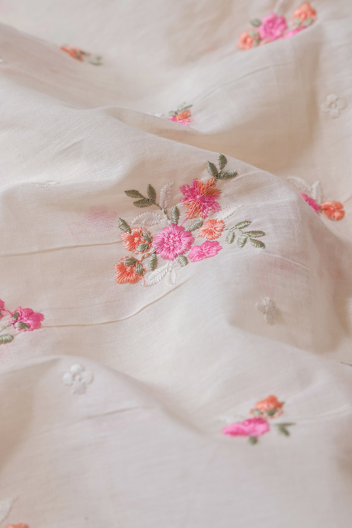 Pink And Olive Thread Beautiful Floral Embroidery On Off White Organic Cotton Fabric