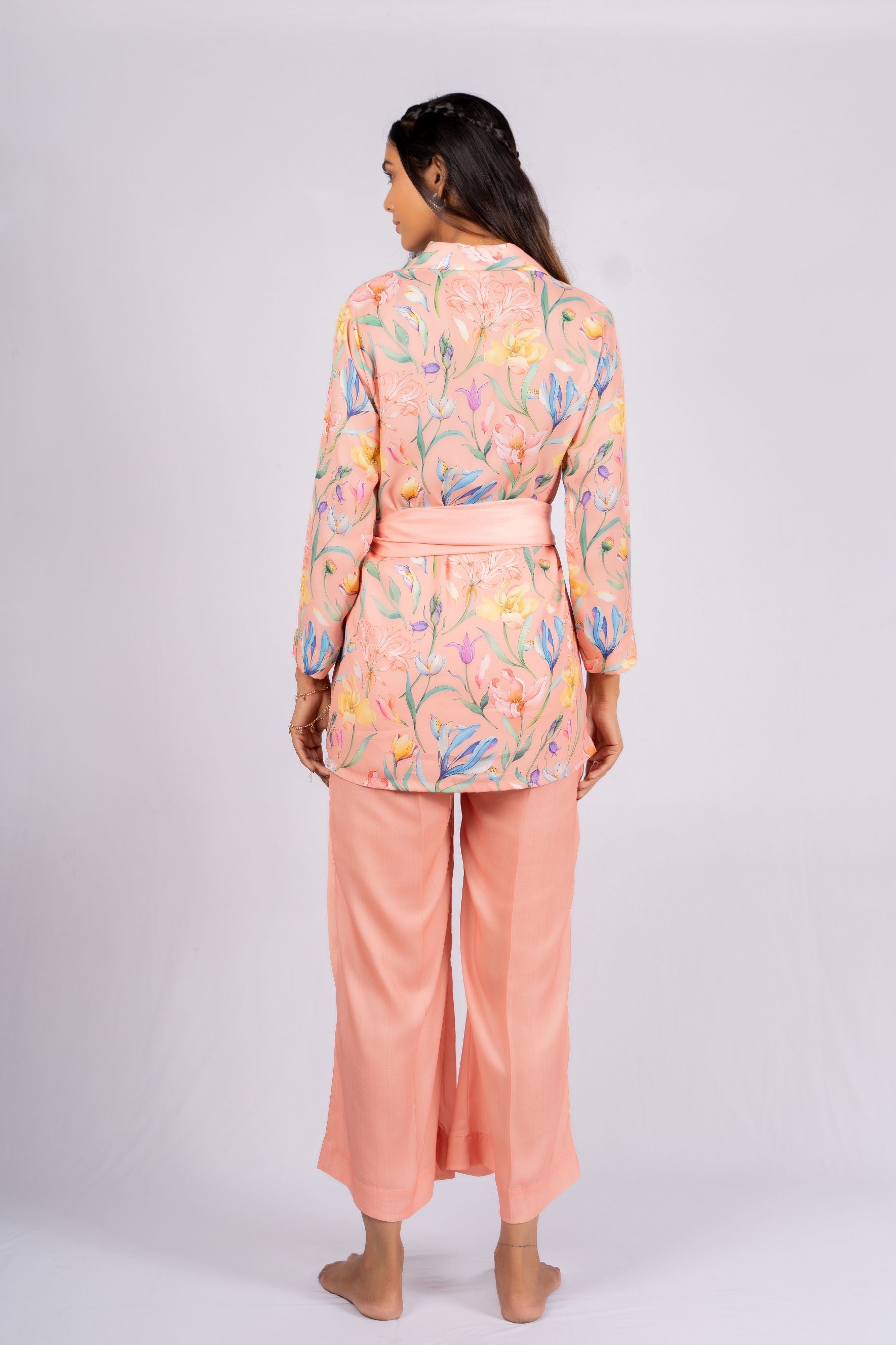 Molly Floral Peach Satin Co-ord Set With Stole