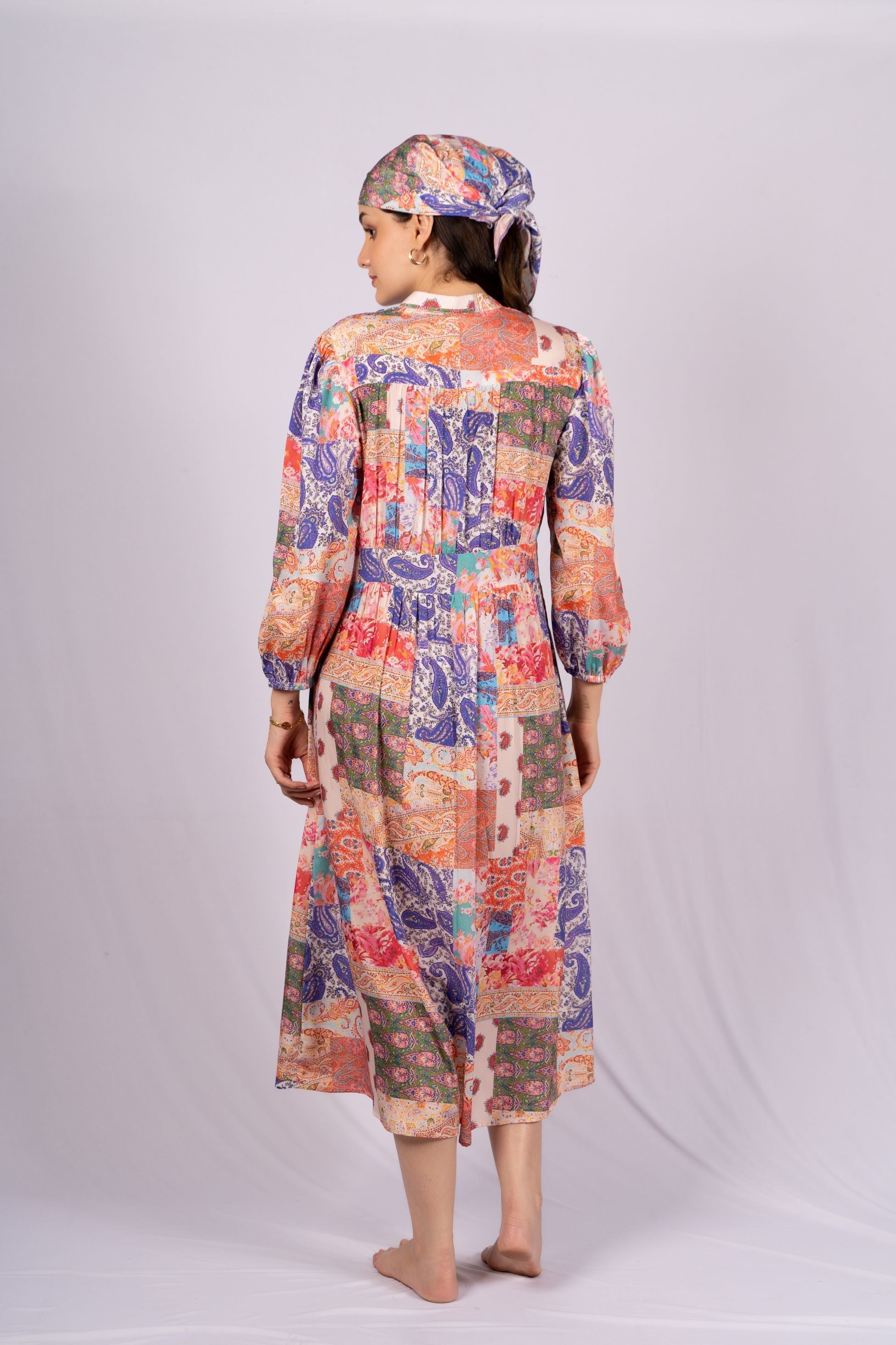 Mosaic Paisley Patch Print Long Crepe Dress