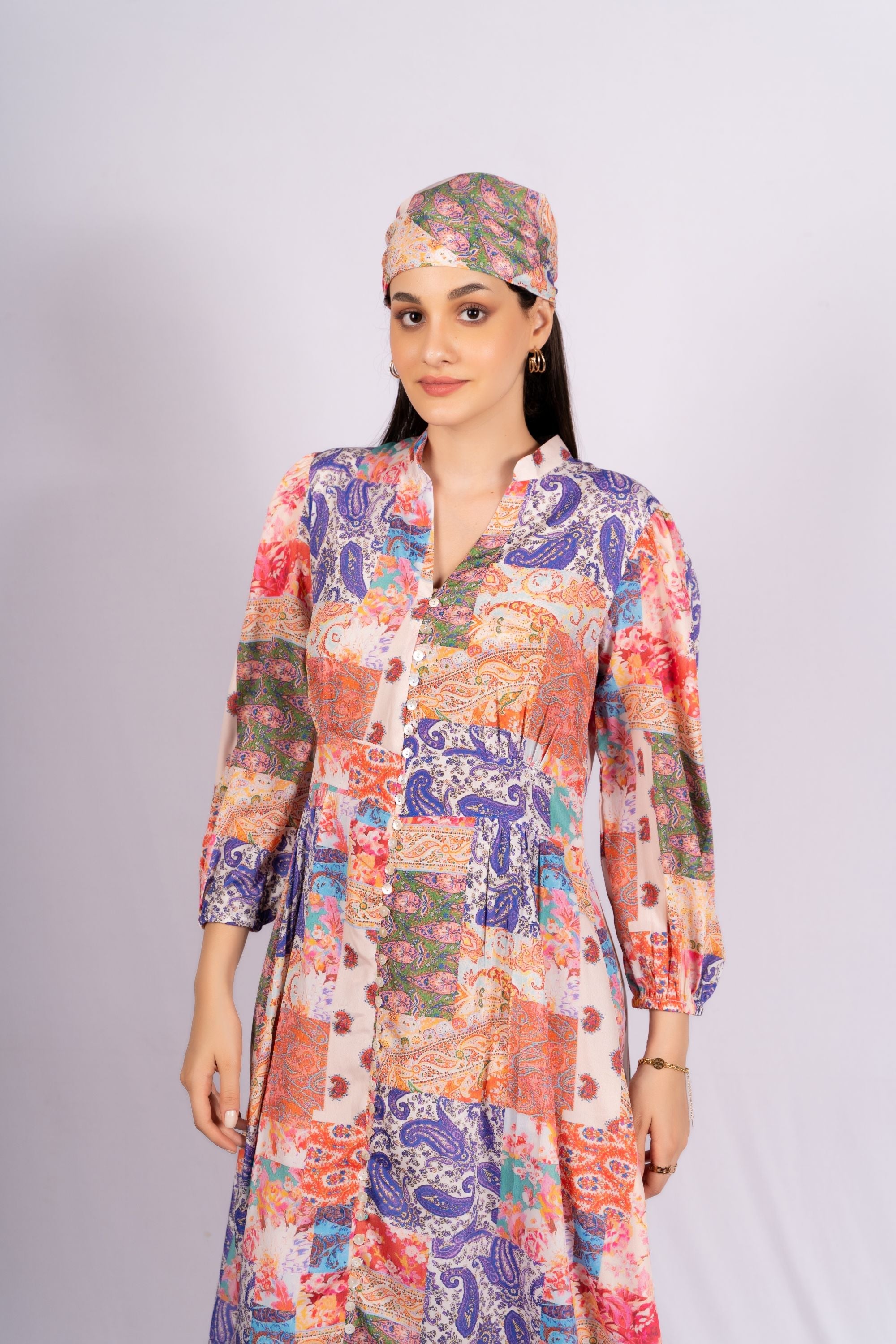 Mosaic Paisley Patch Print Long Crepe Dress