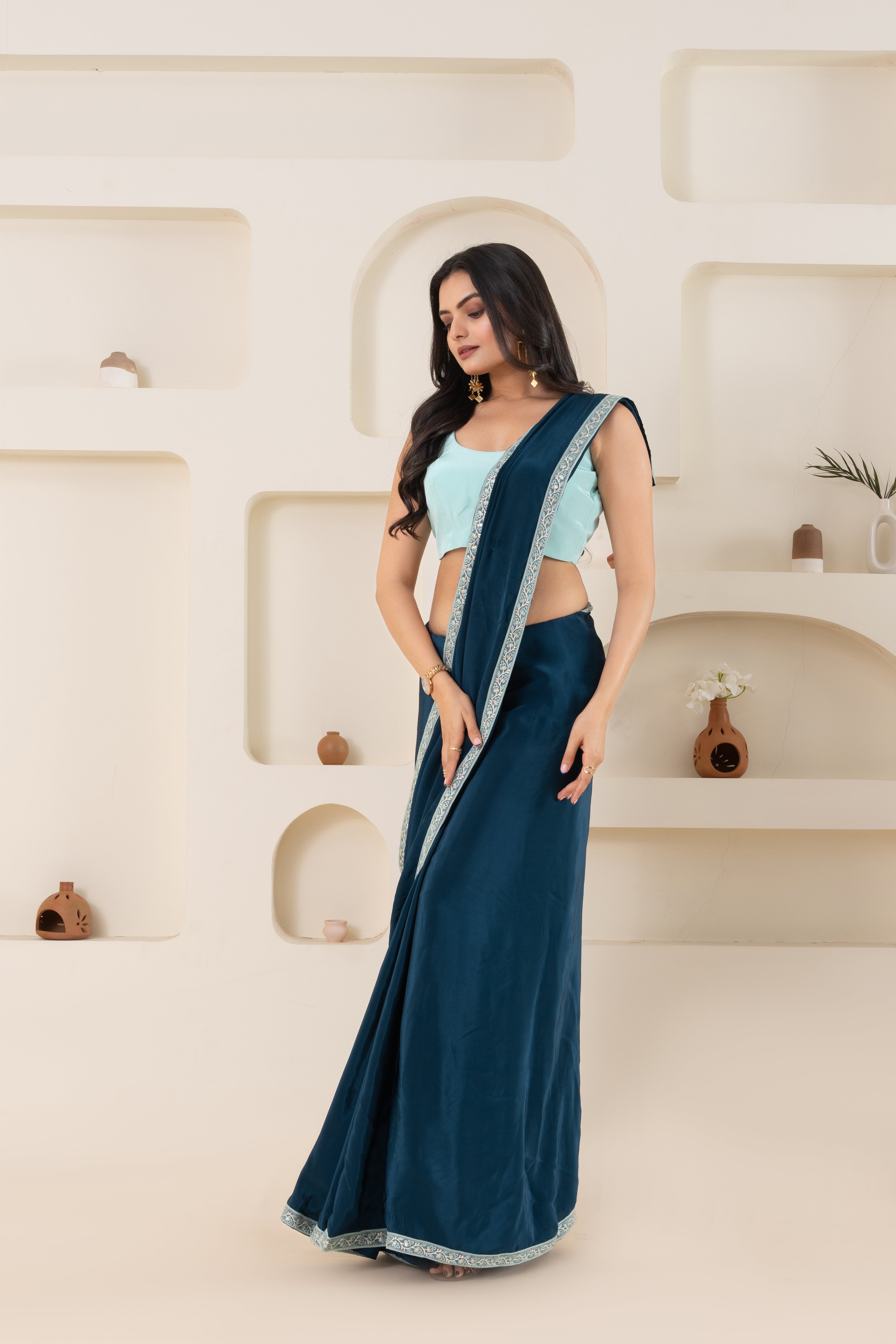 Rama Green And Light Sky Pure Viscose Crepe Saree Set With Border (Saree With Blouse Piece)