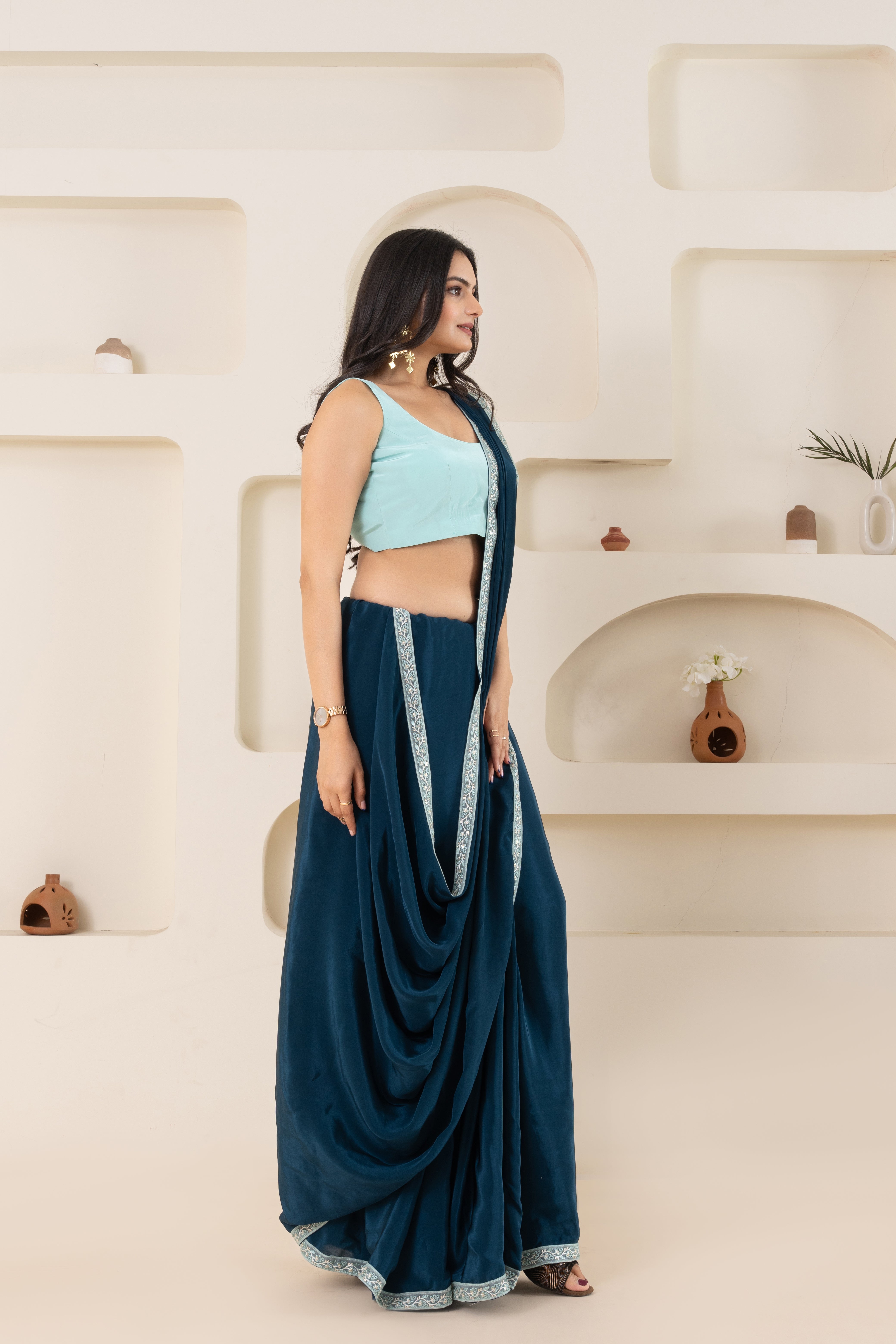 Rama Green And Light Sky Pure Viscose Crepe Saree Set With Border (Saree With Blouse Piece)