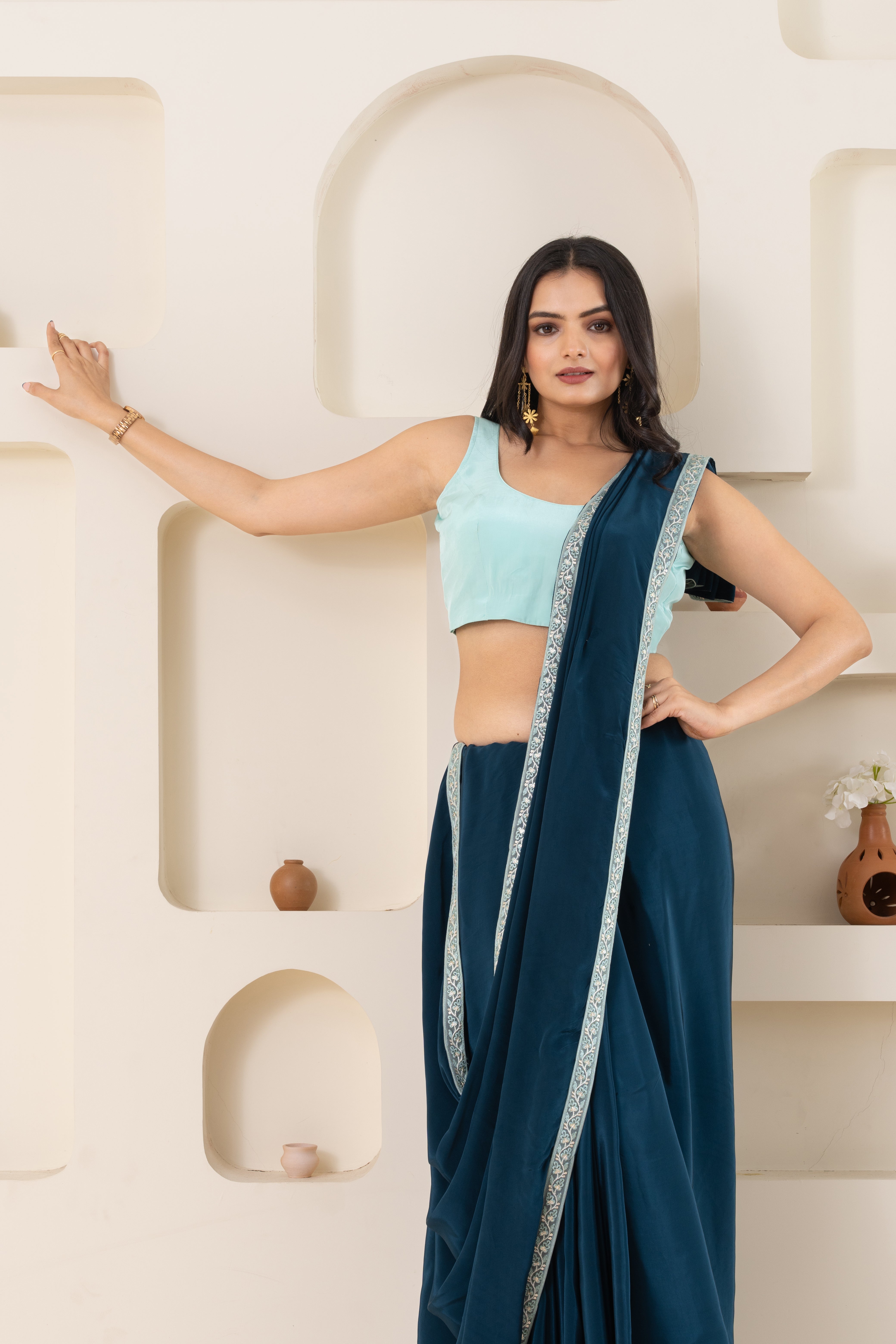 Rama Green And Light Sky Pure Viscose Crepe Saree Set With Border (Saree With Blouse Piece)