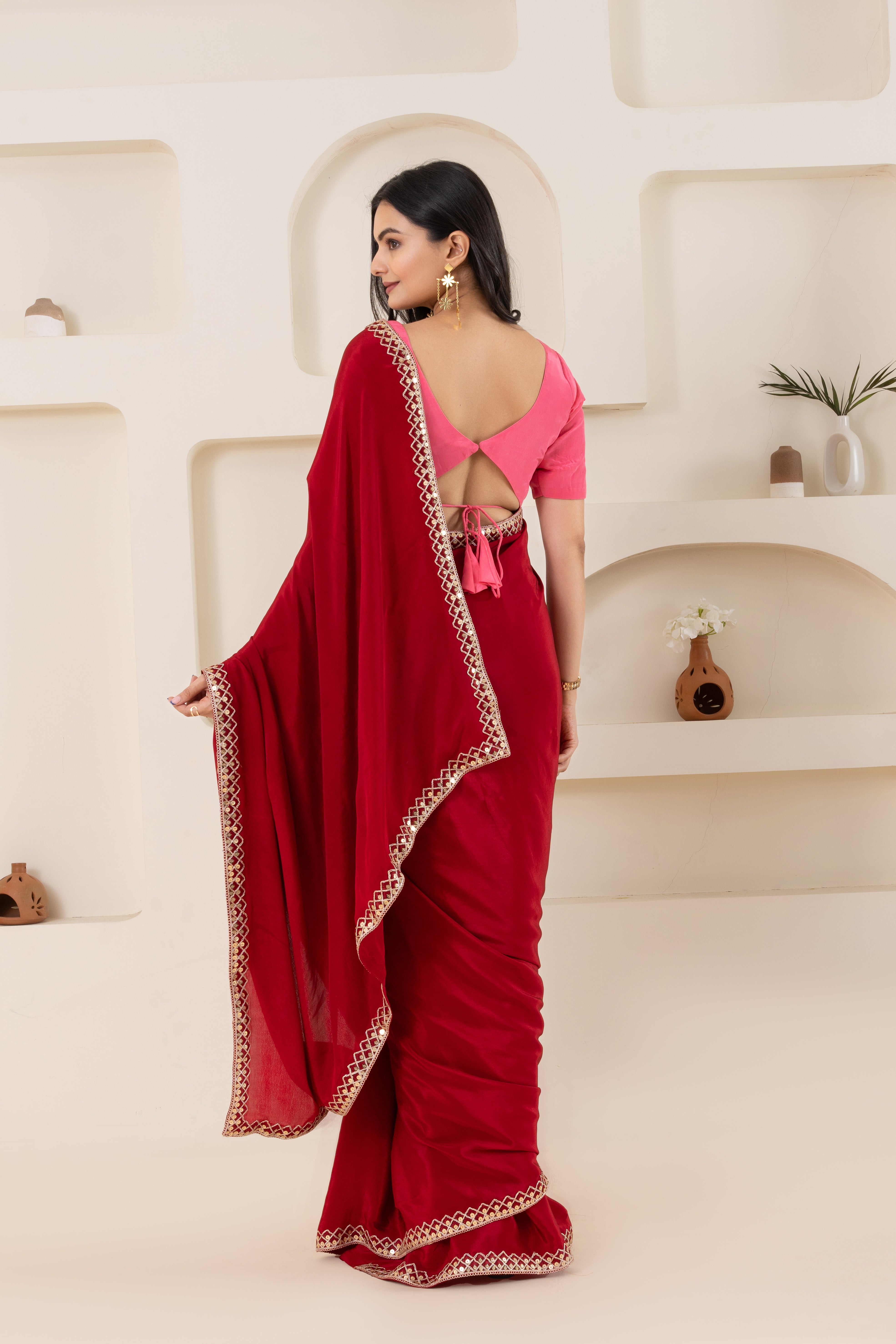 Red And Pink Pure Viscose Crepe Saree Set With Border (Saree With Blouse Piece)