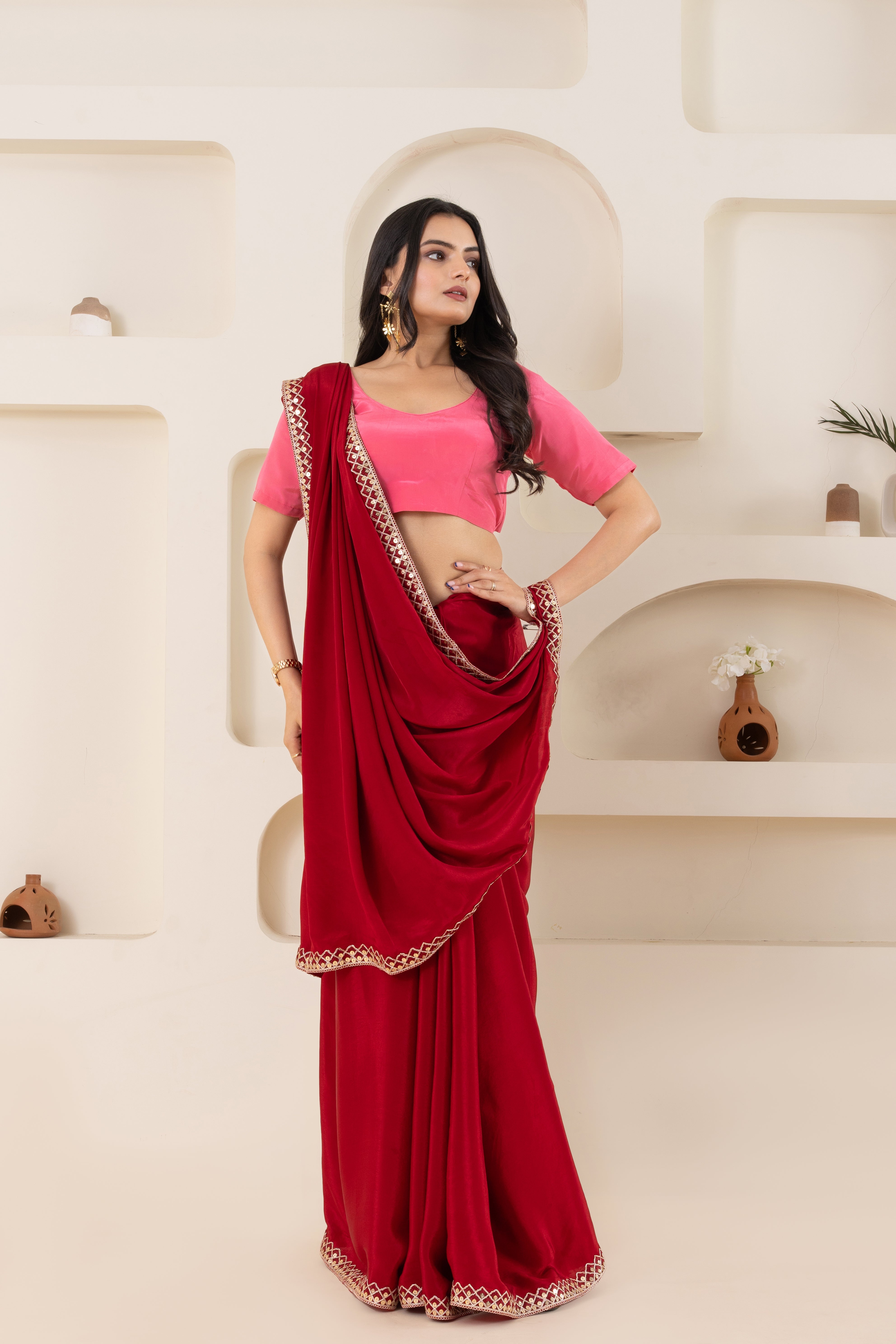 Red And Pink Pure Viscose Crepe Saree Set With Border (Saree With Blouse Piece)