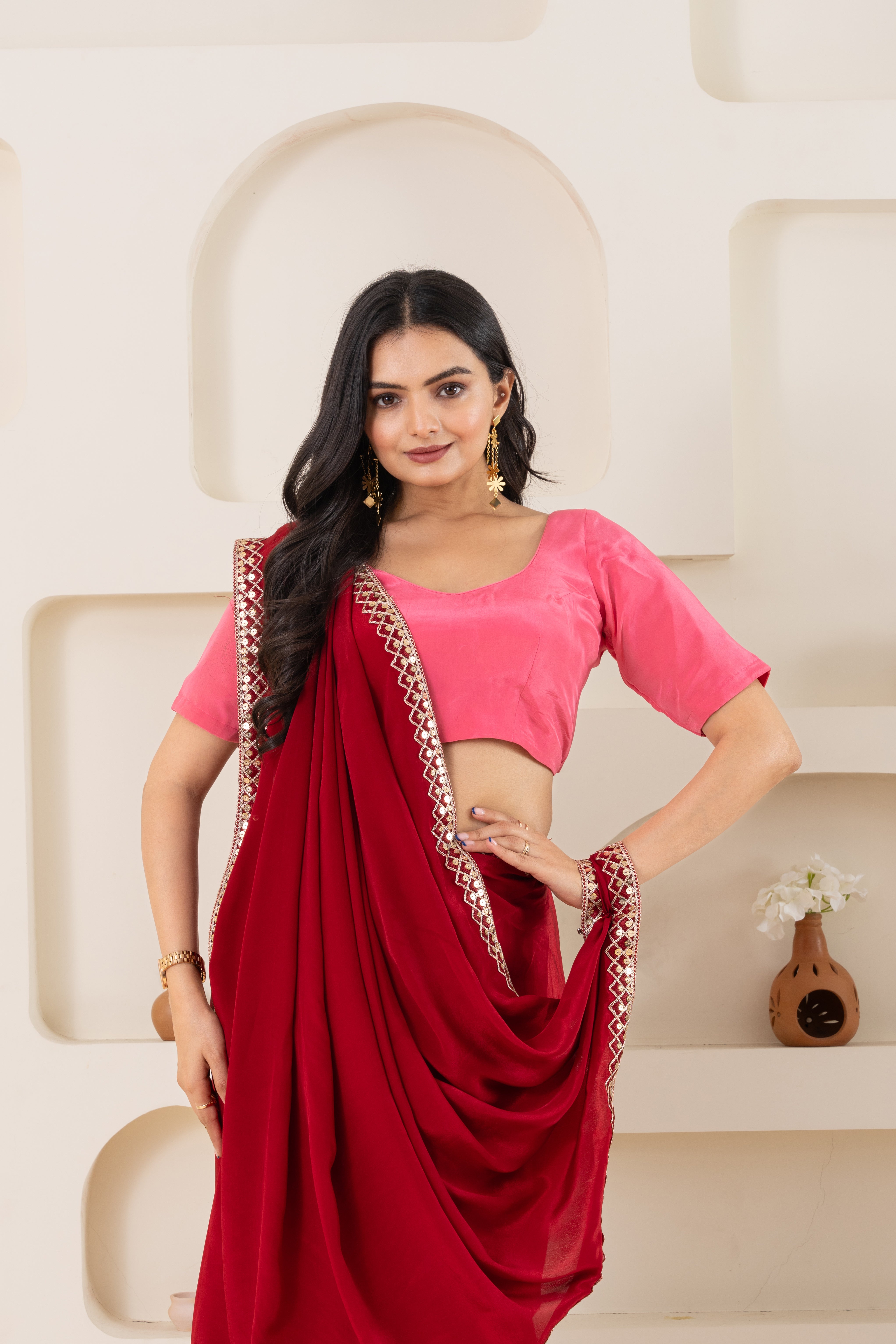 Red And Pink Pure Viscose Crepe Saree Set With Border (Saree With Blouse Piece)