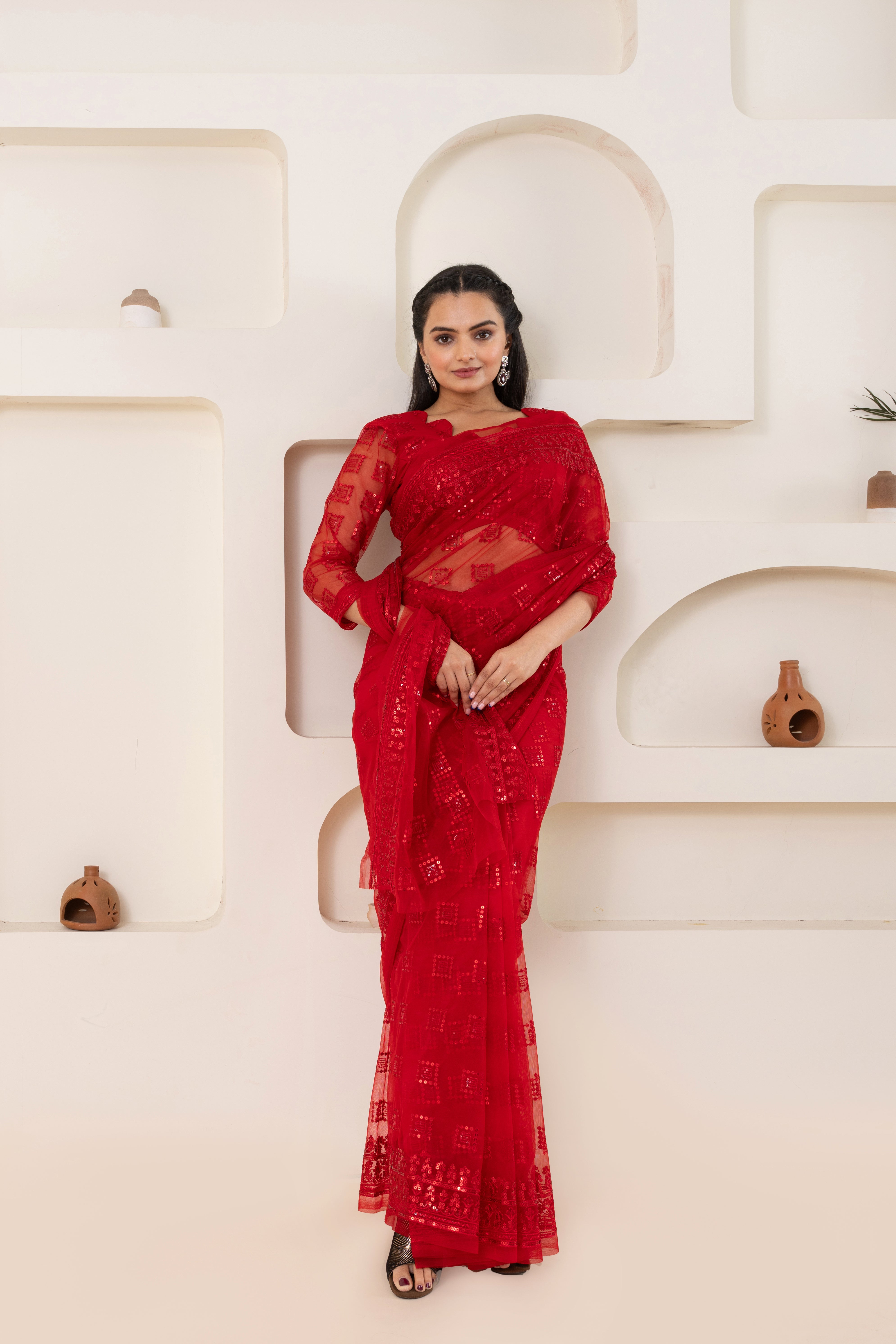 Red Checks Embroidery Saree Set (Saree With Blouse Piece)