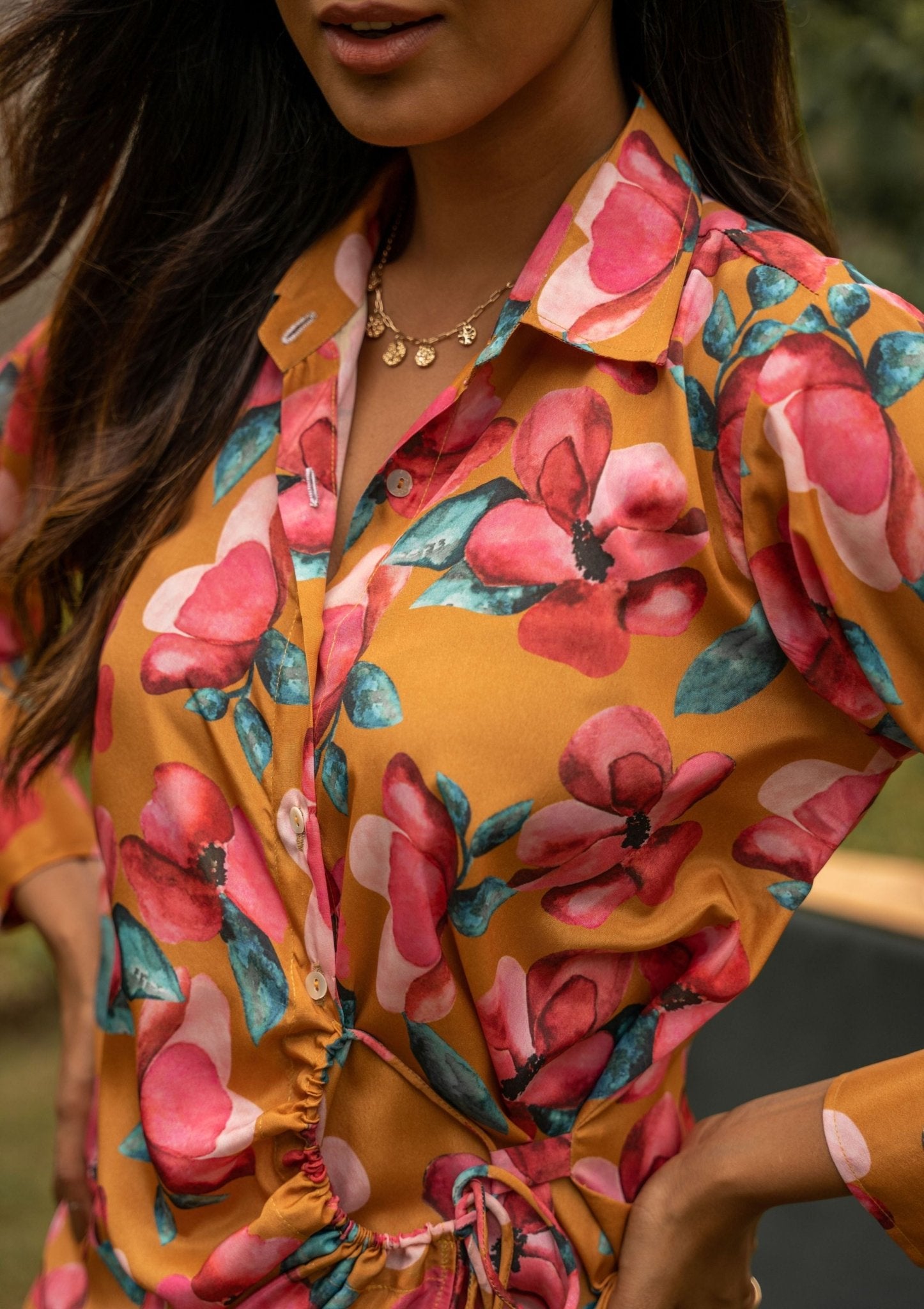 Amalia Floral Mustard Drawstring Crepe Shirt - doeraa