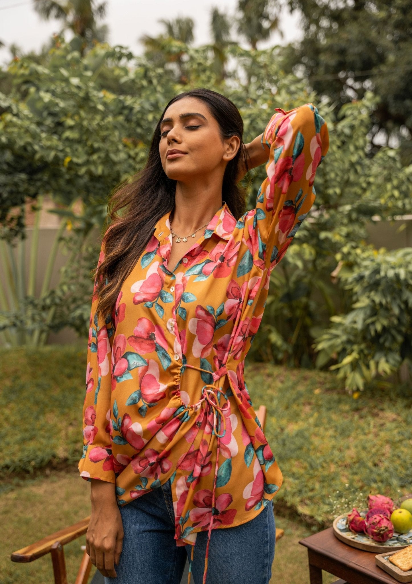 Amalia Floral Mustard Drawstring Crepe Shirt - doeraa