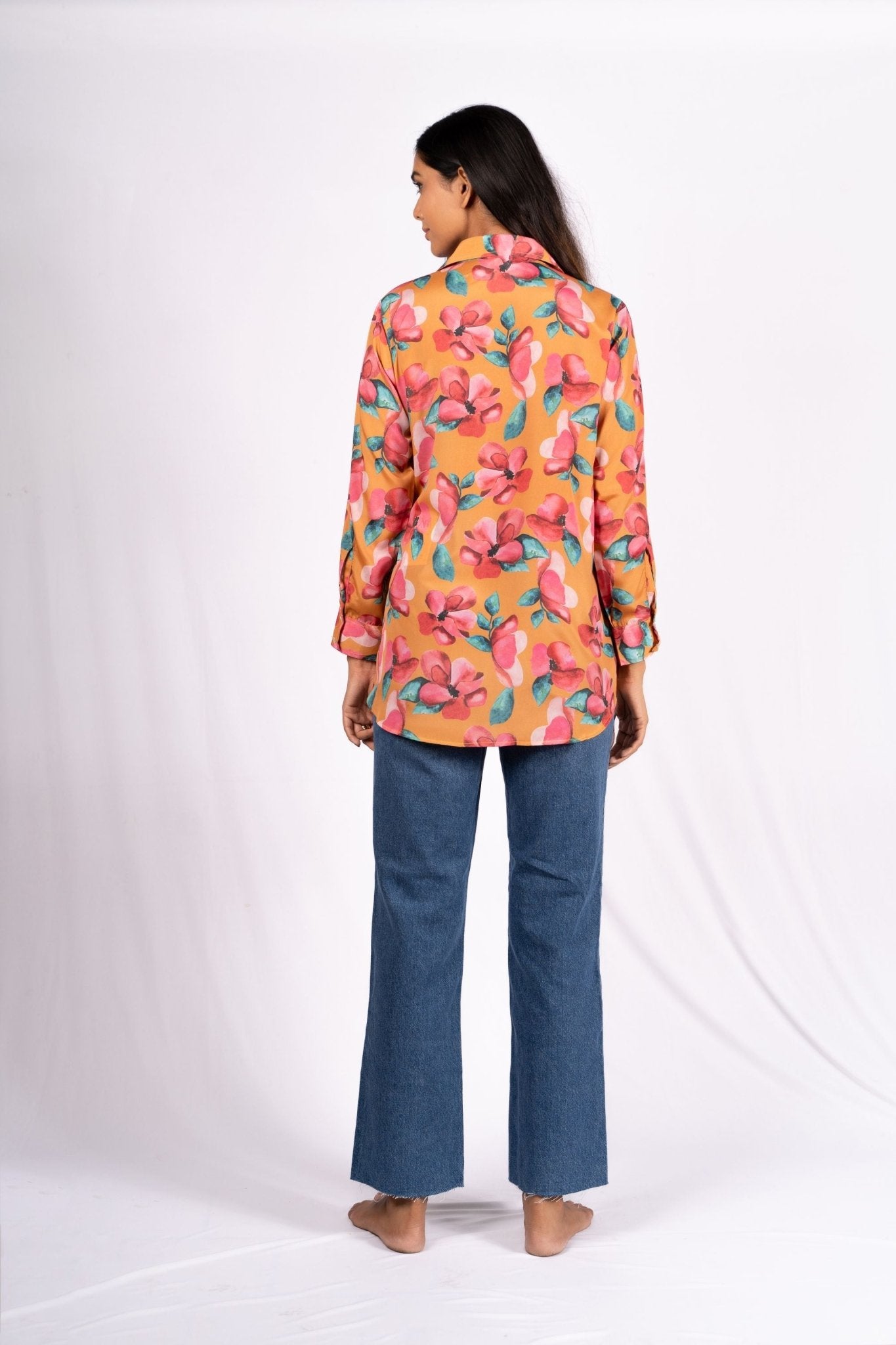 Amalia Floral Mustard Drawstring Crepe Shirt - doeraa