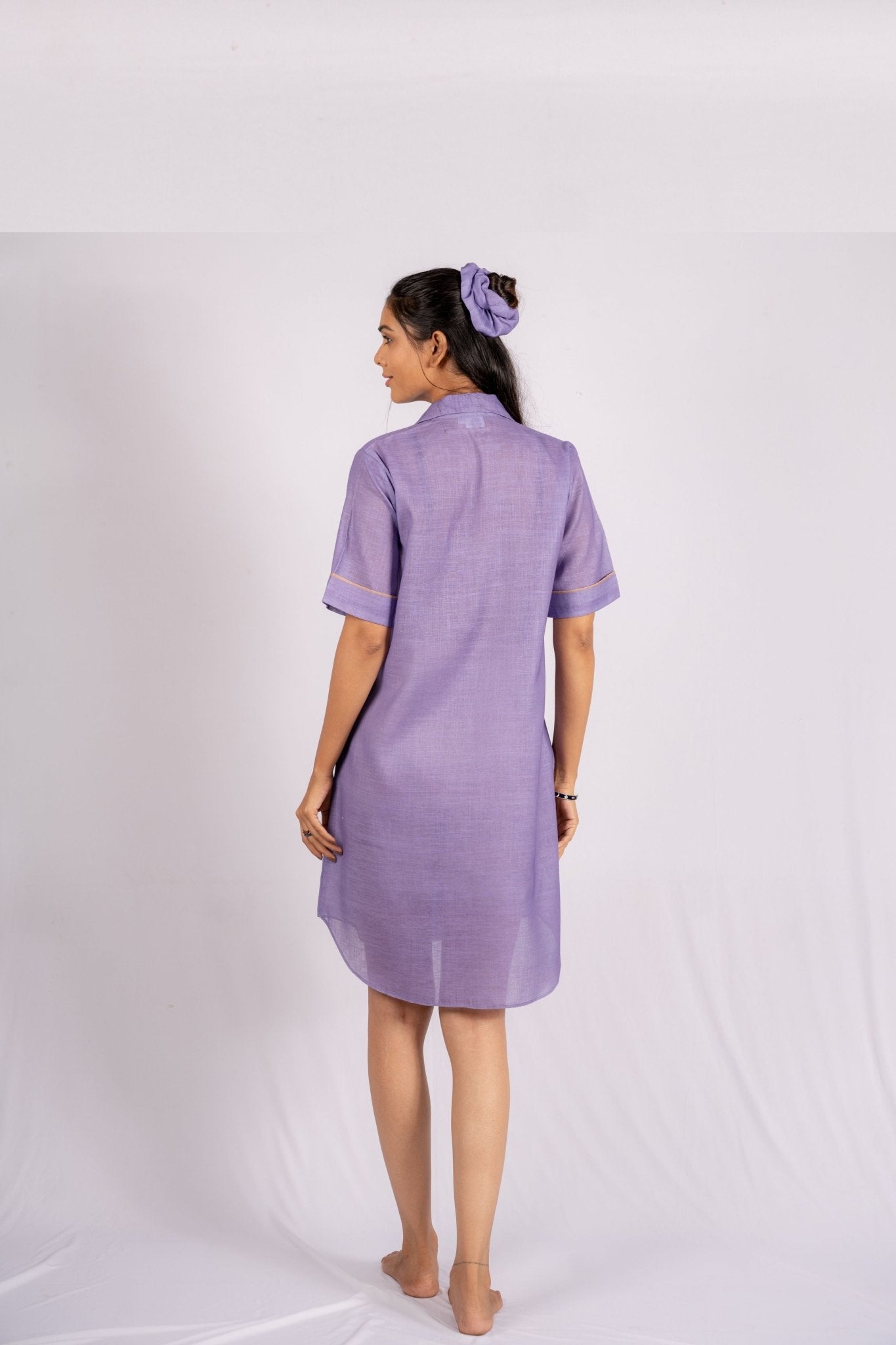 Amethyst Violet Linen Shirt Dress with Wooden Buttons - doeraa