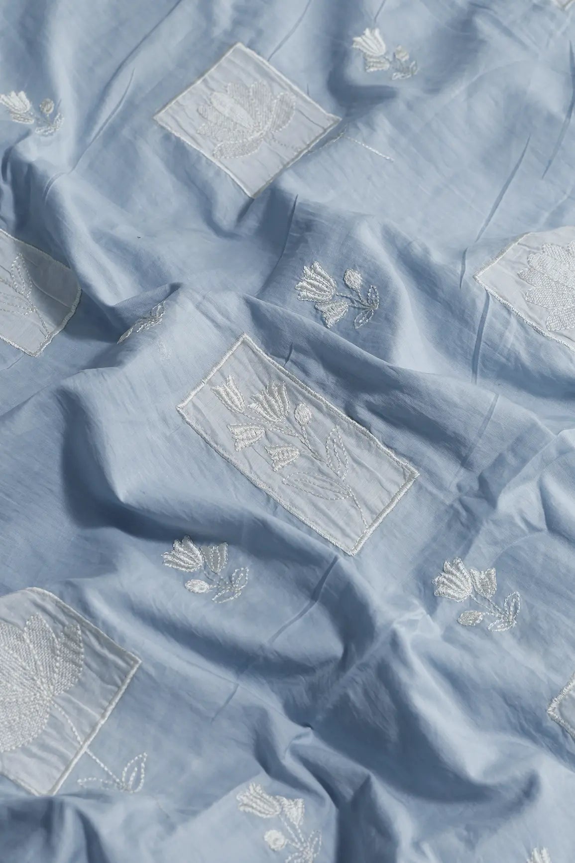 Applique Work Embroidery Design On Pastel Blue Pure Mul Cotton Fabric - doeraa