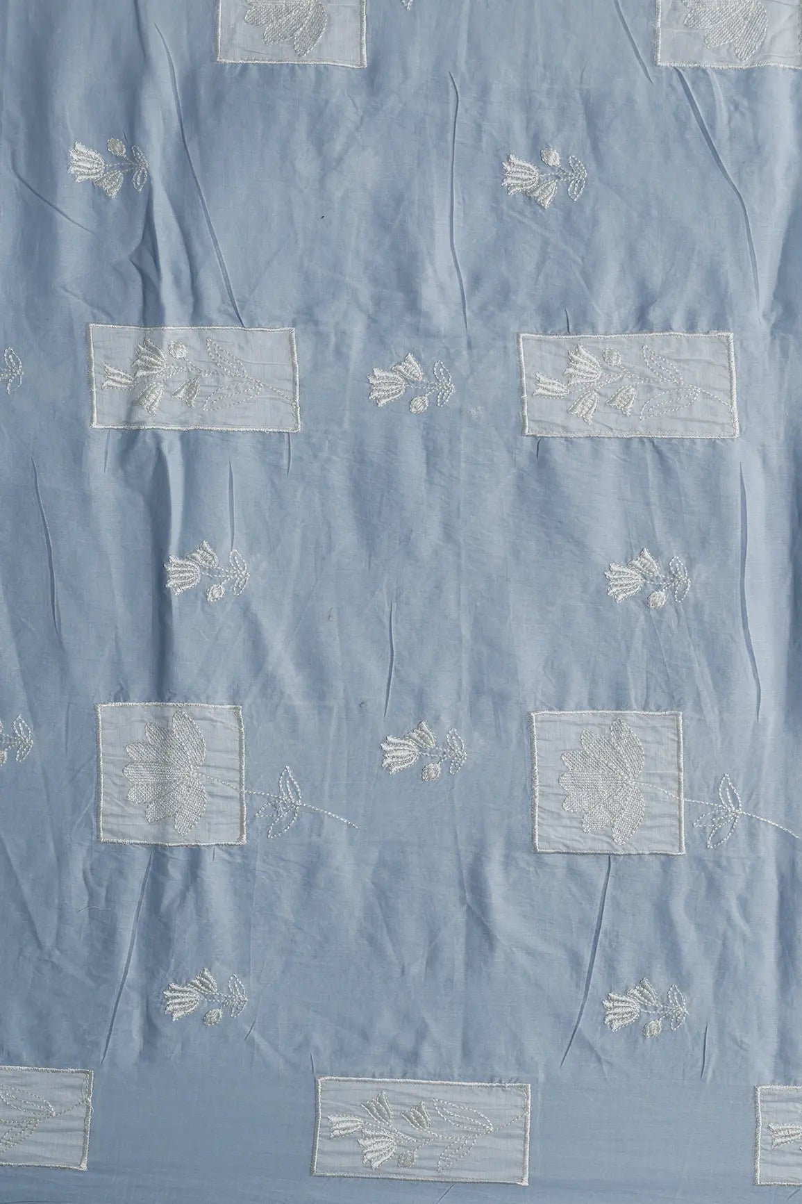 Applique Work Embroidery Design On Pastel Blue Pure Mul Cotton Fabric - doeraa