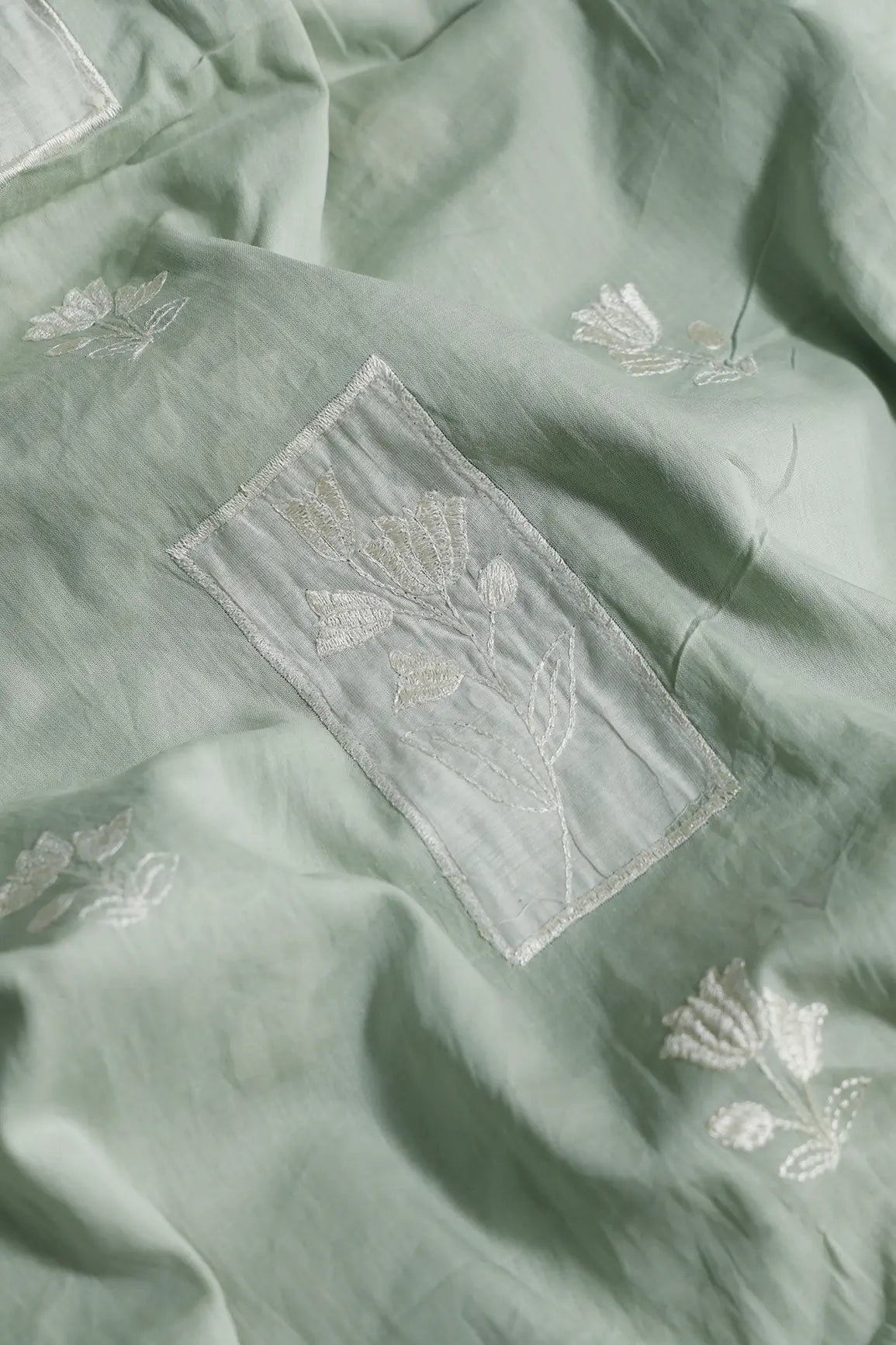 Applique Work Embroidery Design On Pastel Olive Green Pure Mul Cotton Fabric - doeraa