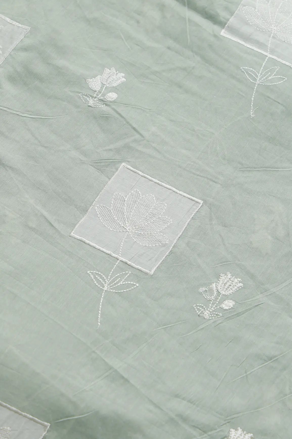 Applique Work Embroidery Design On Pastel Olive Green Pure Mul Cotton Fabric - doeraa