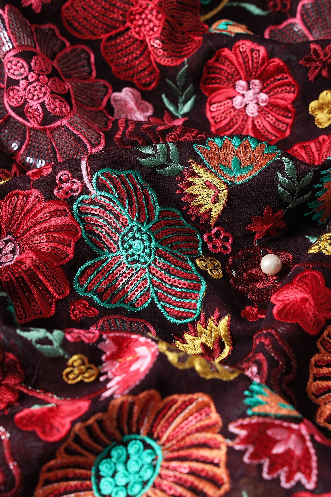 Attractive Multi Color Thread With Sequins Floral Embroidery On Wine Viscose Georgette Fabric - doeraa