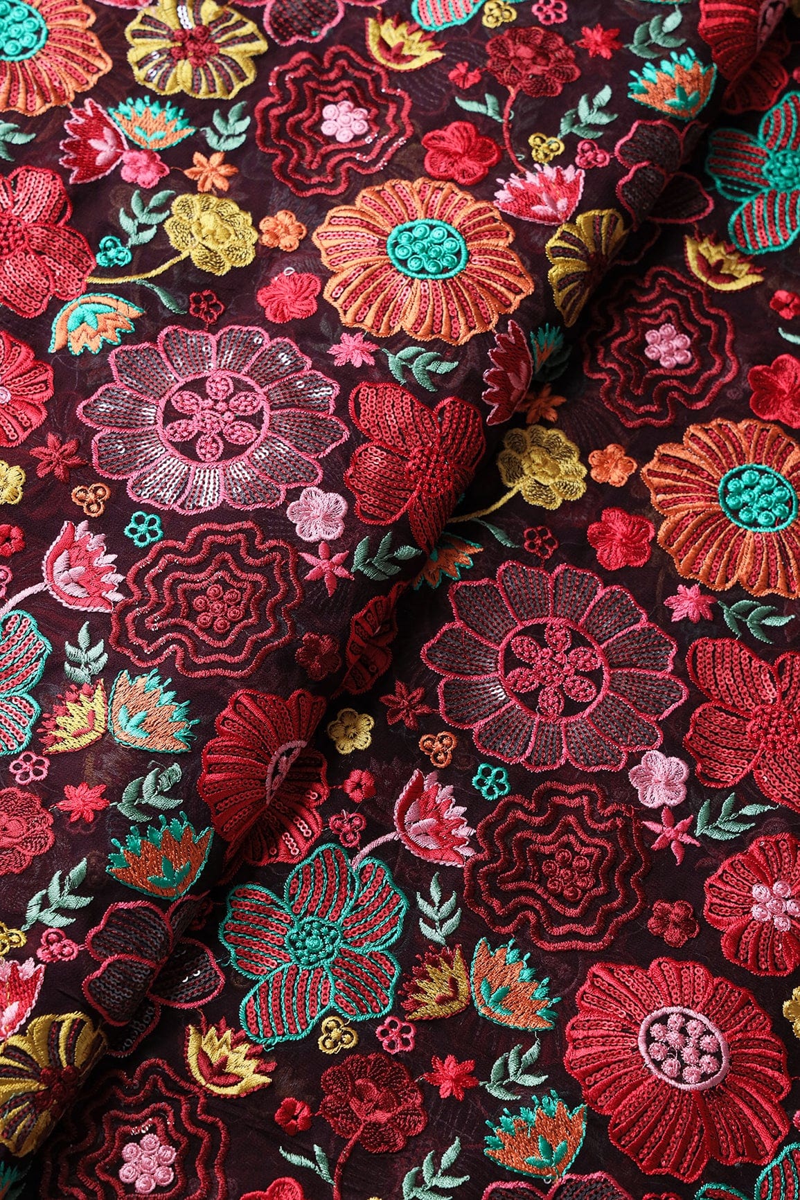 Attractive Multi Color Thread With Sequins Floral Embroidery On Wine Viscose Georgette Fabric - doeraa