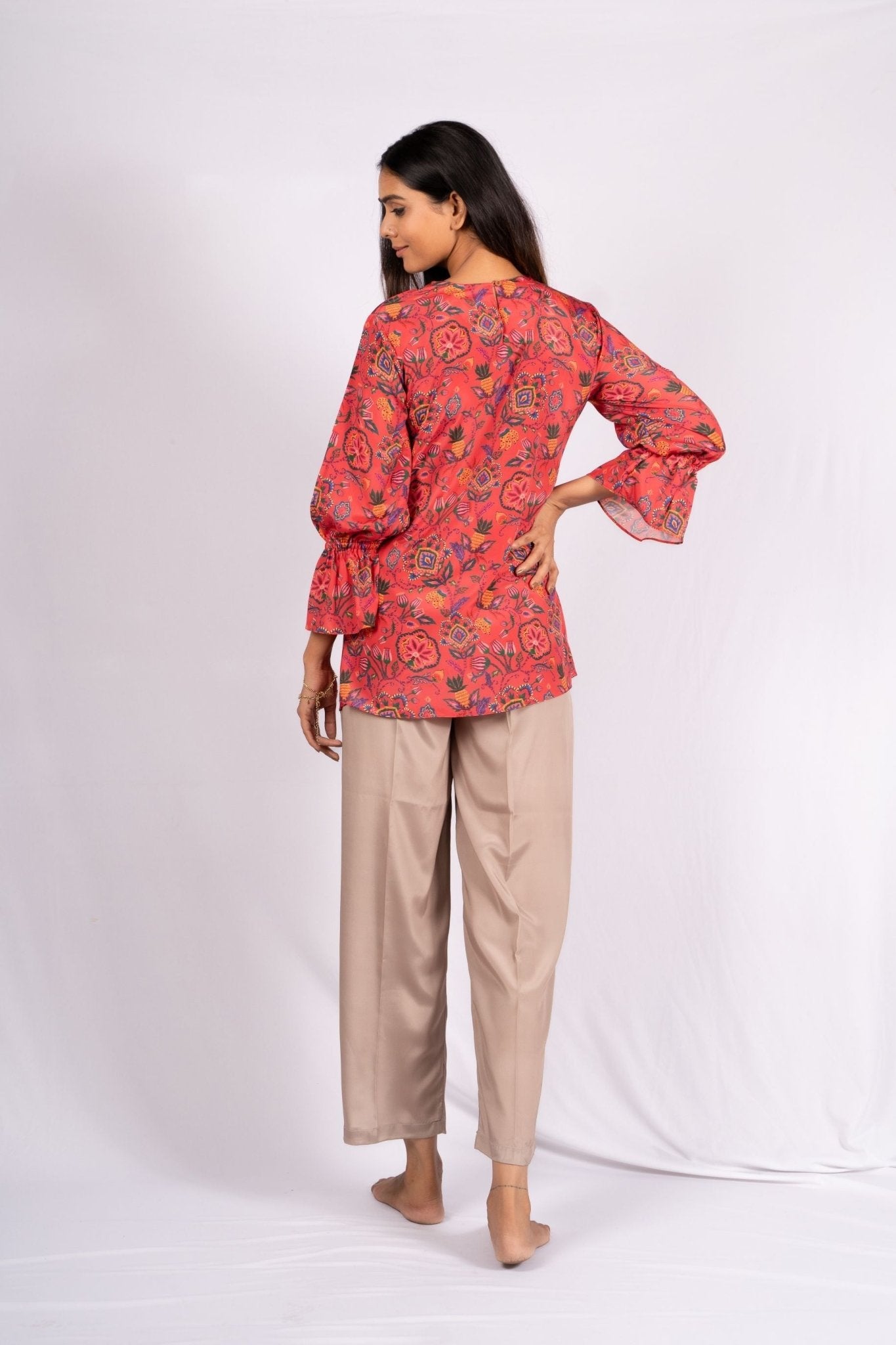 Azure Floral Dark Pink And Beige Crepe Co - ord Set - doeraa