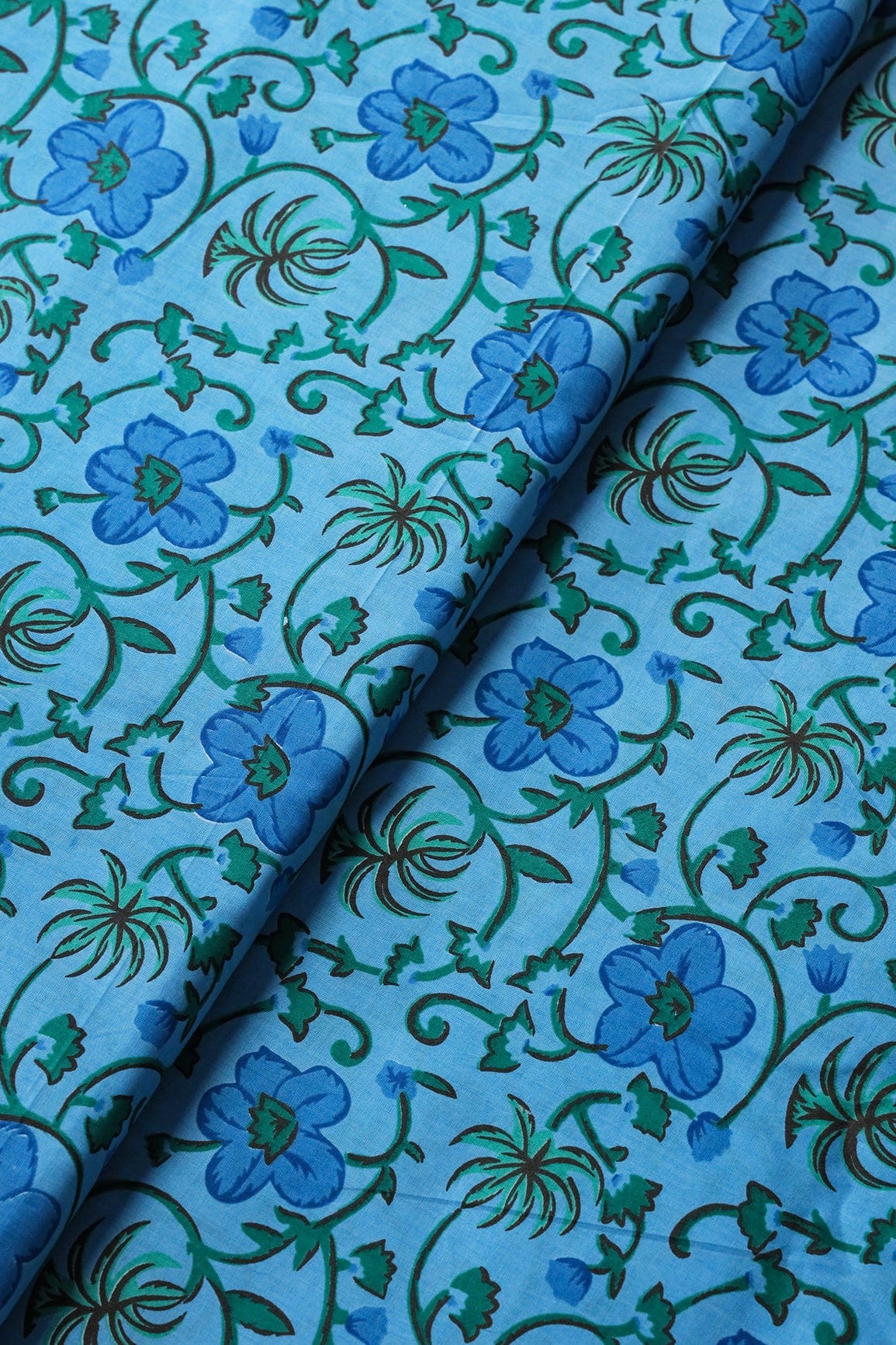 Azzure Blue And Carolina Blue Floral Print On Pure Cotton Fabric - doeraa