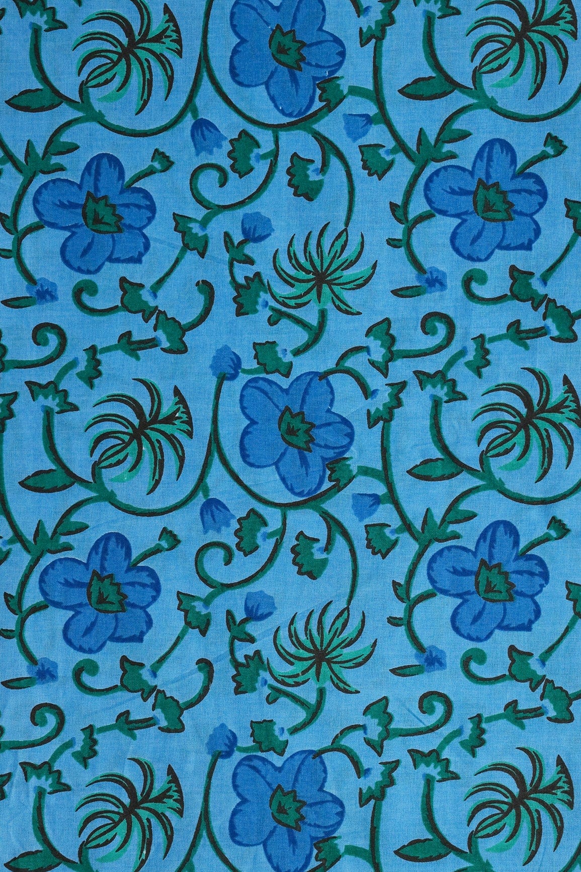 Azzure Blue And Carolina Blue Floral Print On Pure Cotton Fabric - doeraa