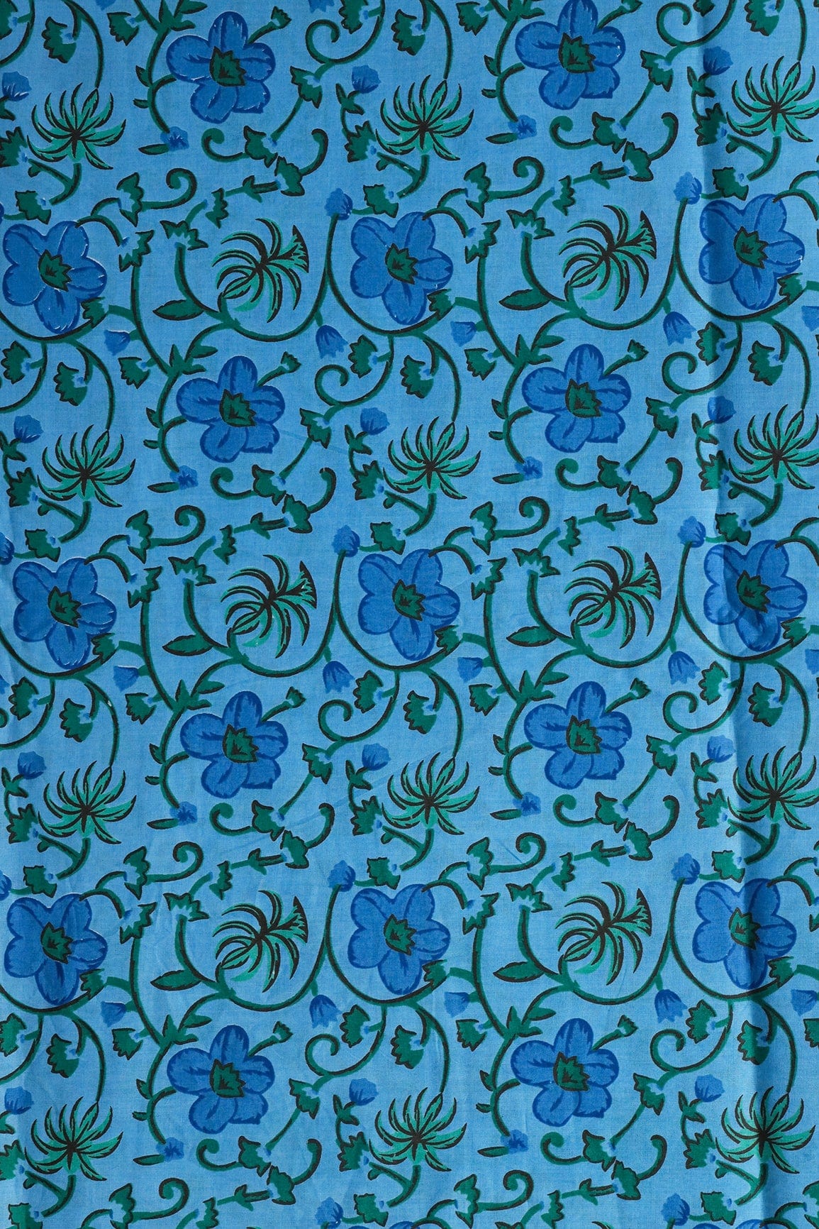 Azzure Blue And Carolina Blue Floral Print On Pure Cotton Fabric - doeraa