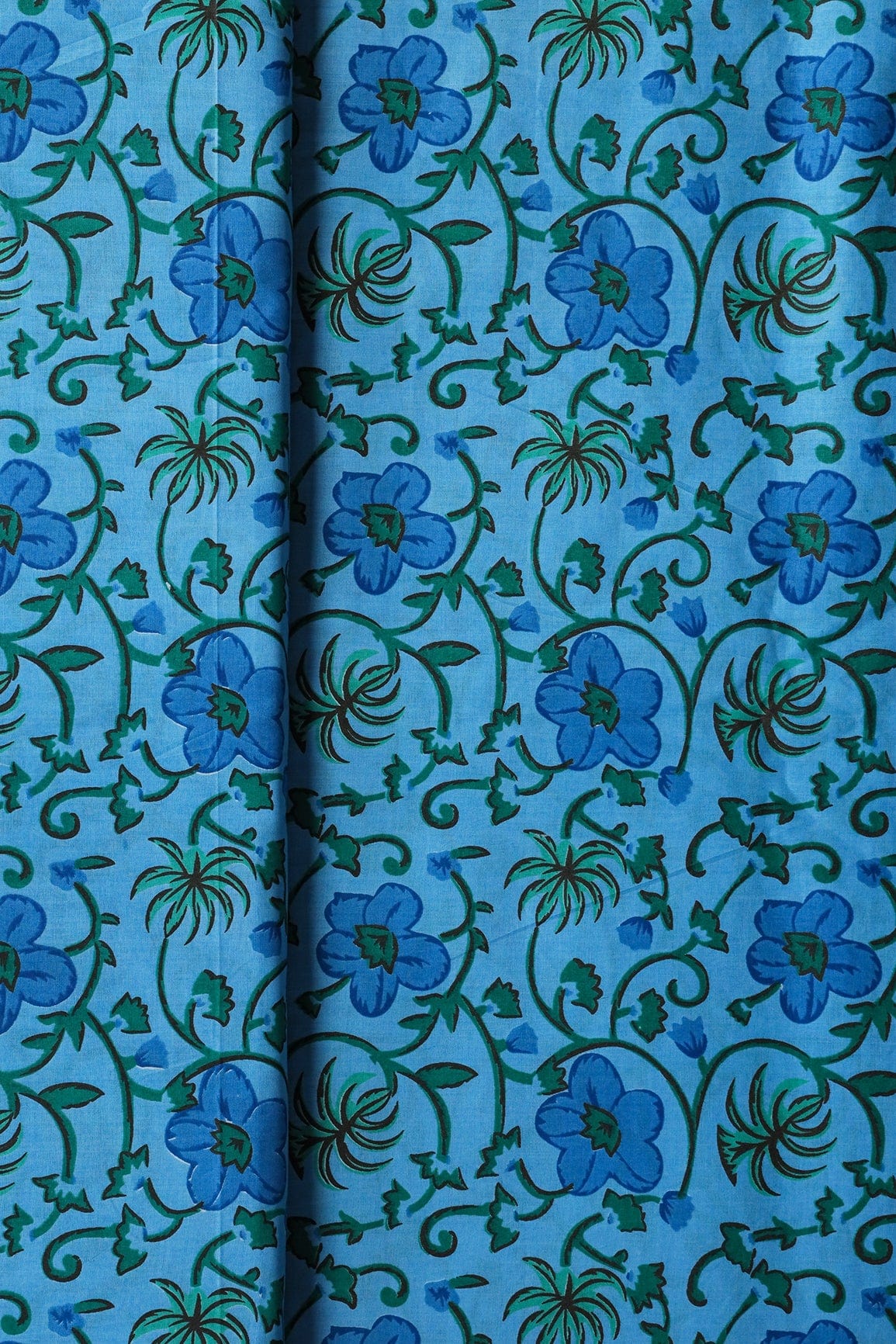 Azzure Blue And Carolina Blue Floral Print On Pure Cotton Fabric - doeraa
