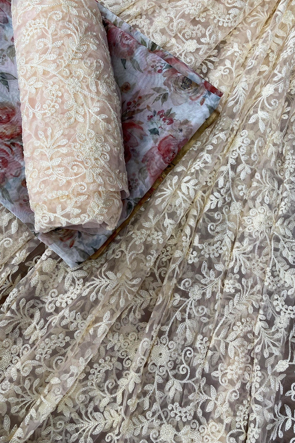 Baby Pink and White Unstitched Lehenga Set Fabric (3 Piece) - doeraa