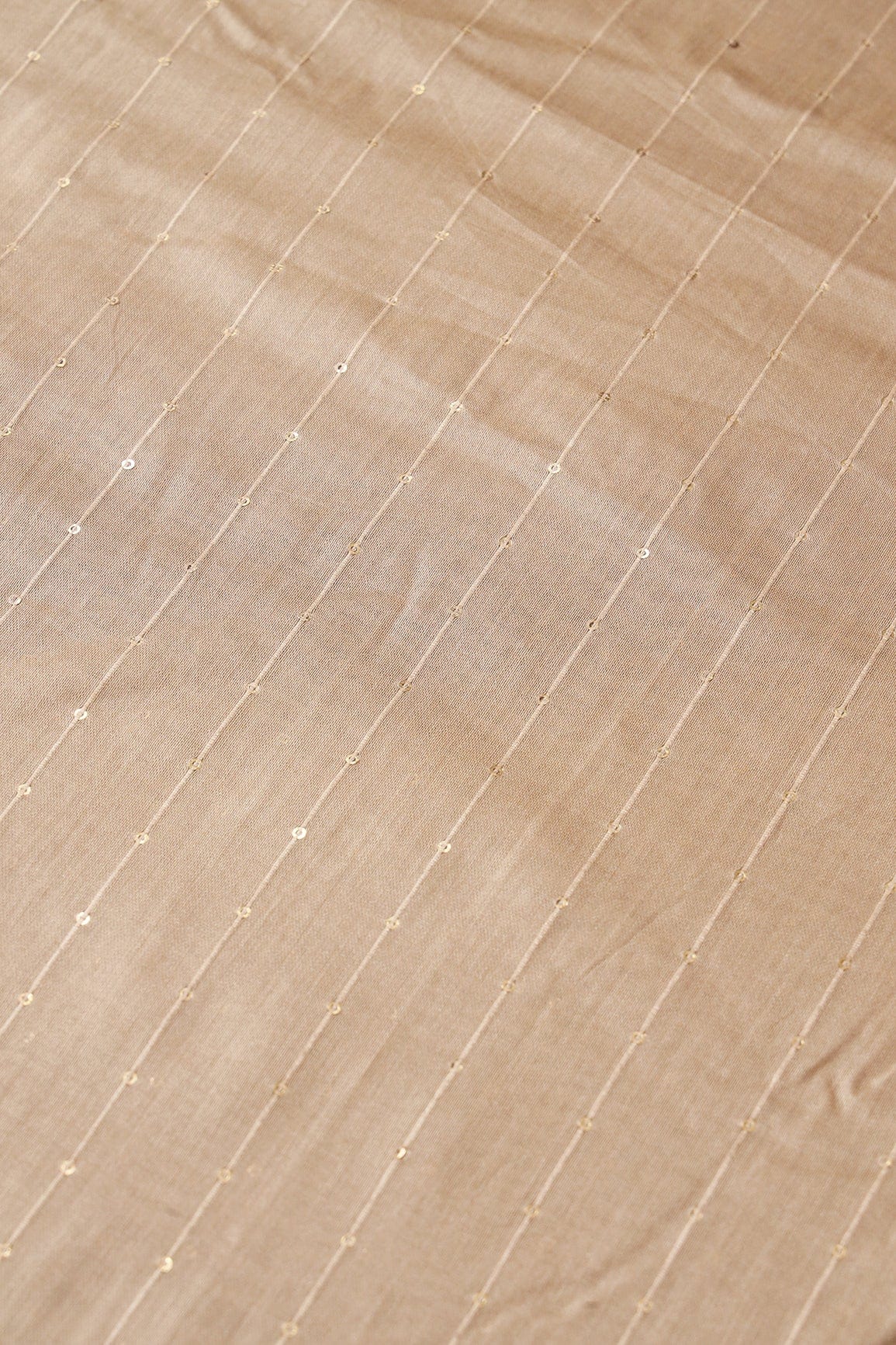 Beautiful Beige Thread With Gold Sequins Stripes Embroidery On Beige Viscose Chanderi Silk Fabric - doeraa