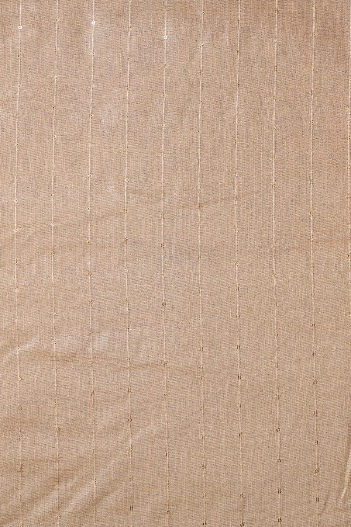 Beautiful Beige Thread With Gold Sequins Stripes Embroidery On Beige Viscose Chanderi Silk Fabric - doeraa