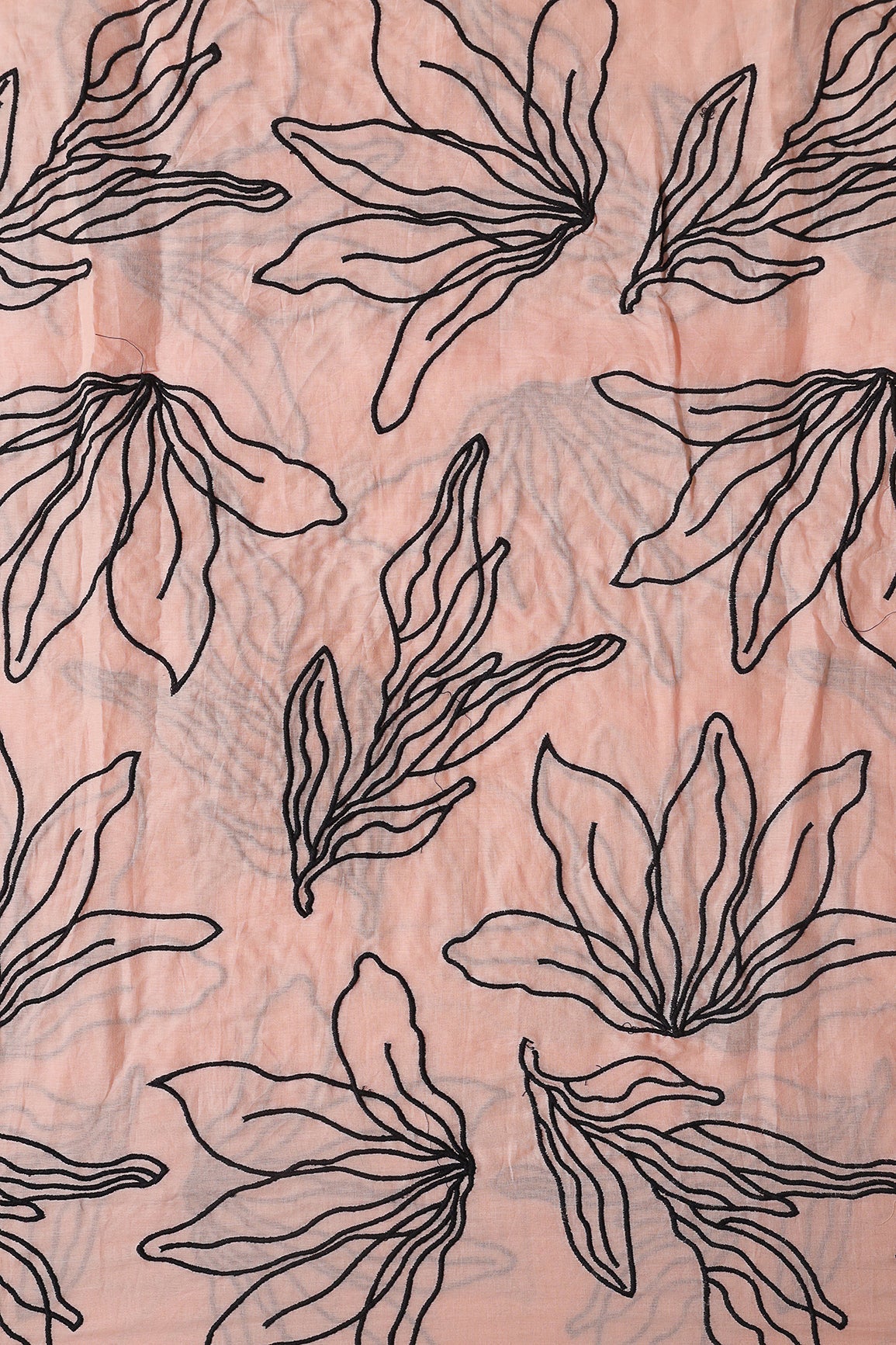 Beautiful Black Floral Embroidery On Peach Pure Mul Cotton Fabric - doeraa