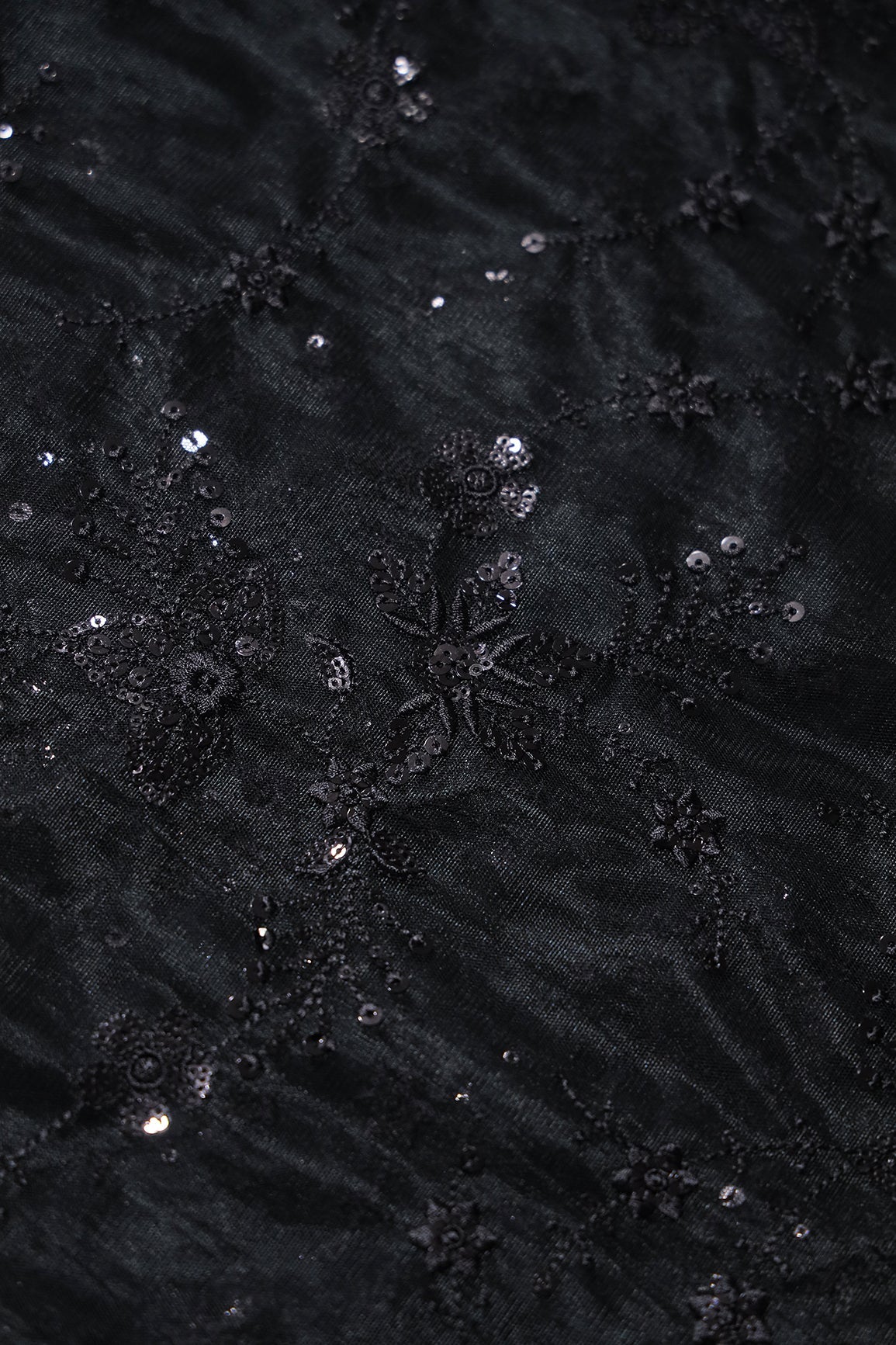 Beautiful Black Thread With Sequins Floral Embroidery Work On Black Soft Net Fabric - doeraa