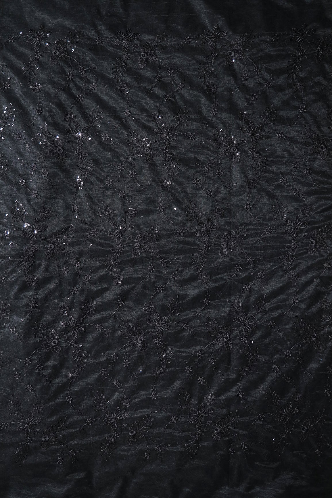 Beautiful Black Thread With Sequins Floral Embroidery Work On Black Soft Net Fabric - doeraa