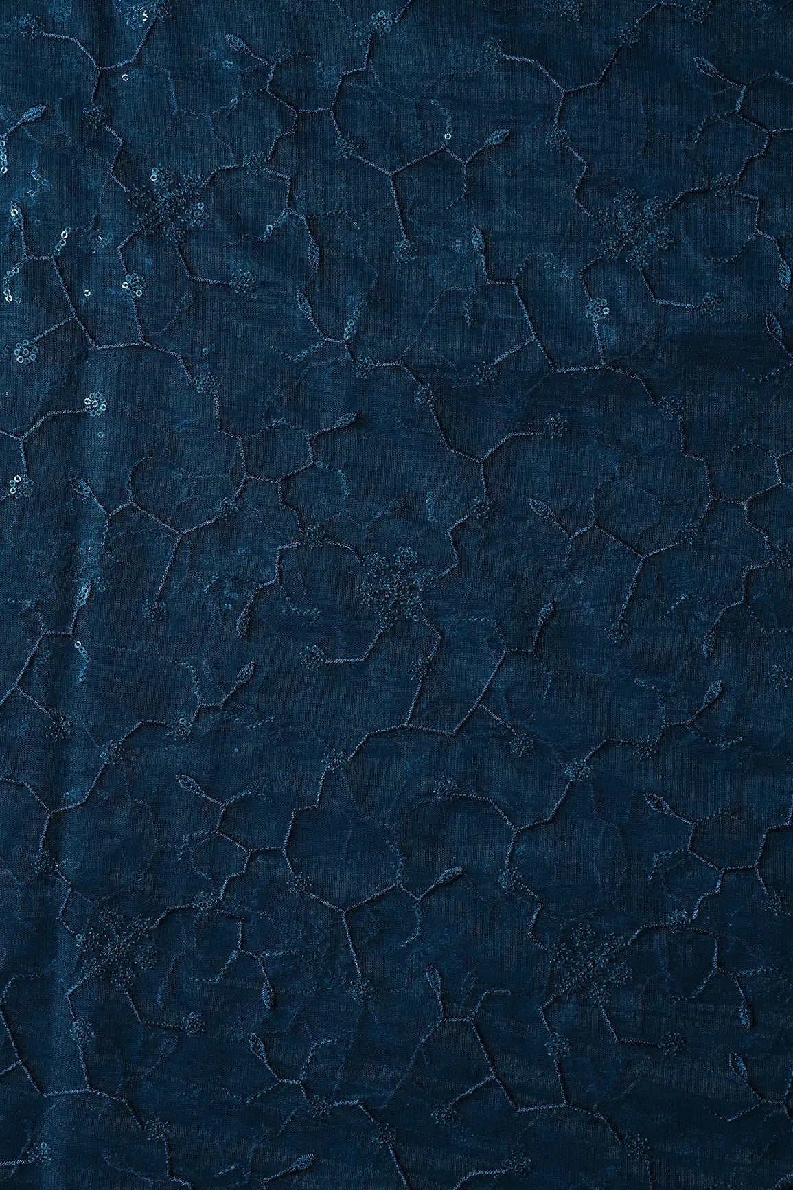 Beautiful Blue Sequins Small Floral Embroidery On Prussian Blue Soft Net Fabric - doeraa