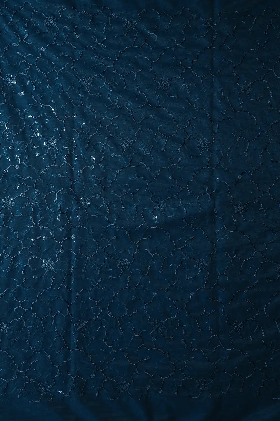 Beautiful Blue Sequins Small Floral Embroidery On Prussian Blue Soft Net Fabric - doeraa
