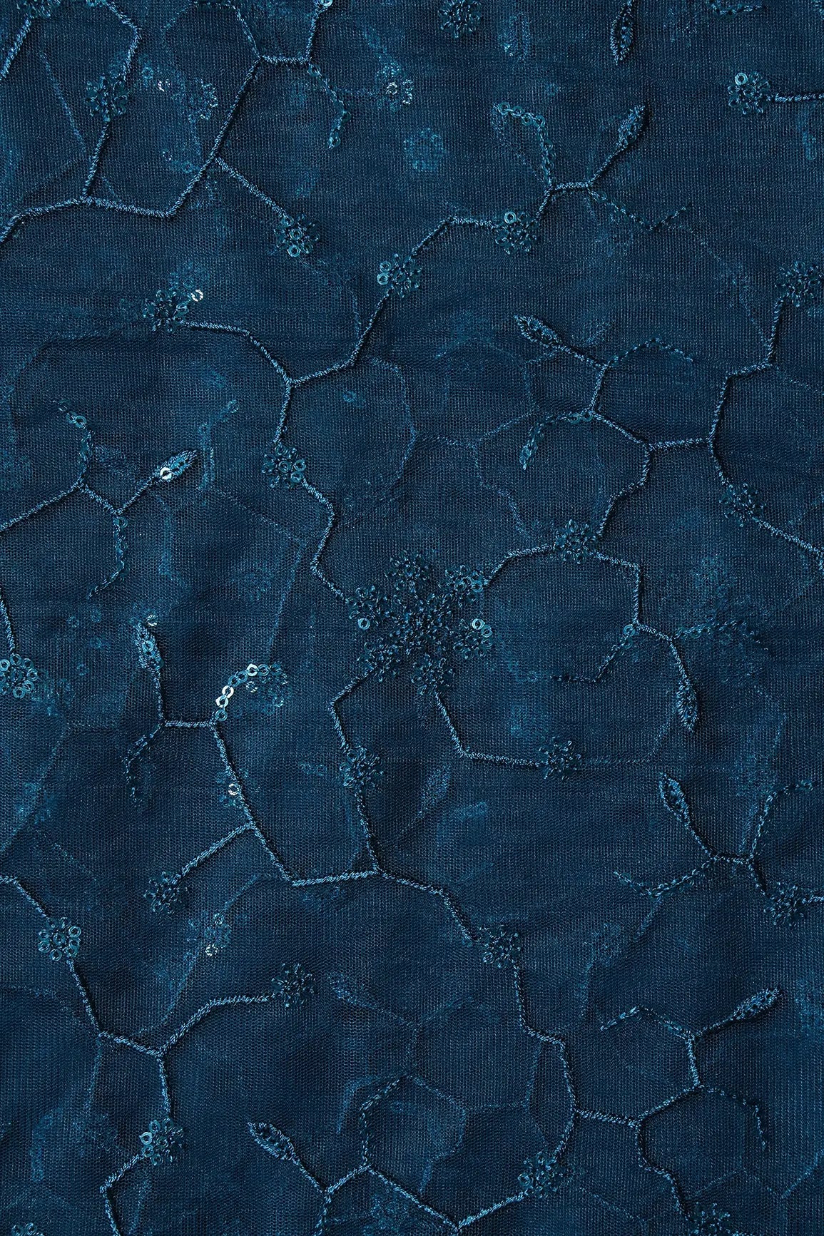 Beautiful Blue Sequins Small Floral Embroidery On Prussian Blue Soft Net Fabric - doeraa