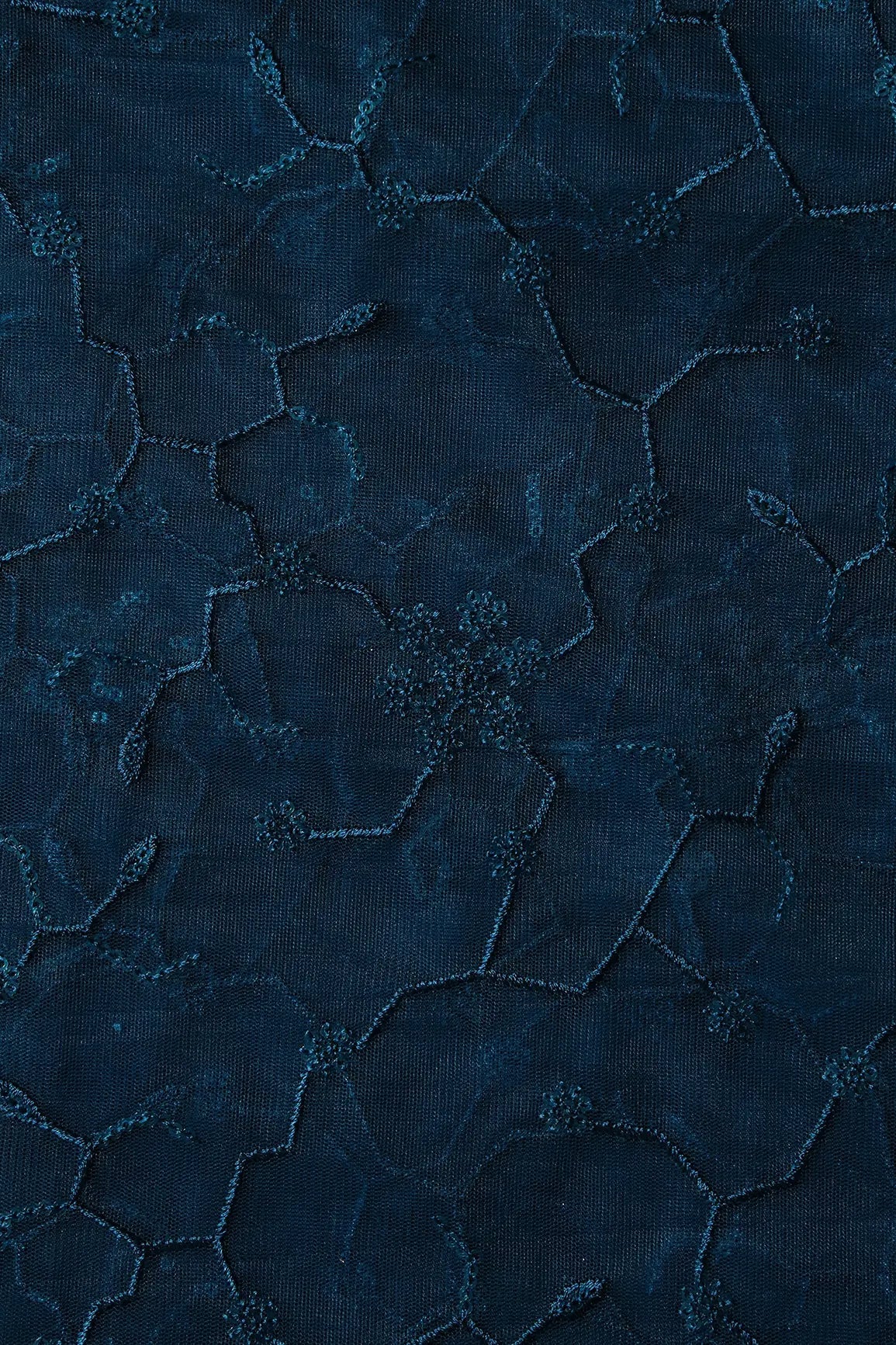 Beautiful Blue Sequins Small Floral Embroidery On Prussian Blue Soft Net Fabric - doeraa