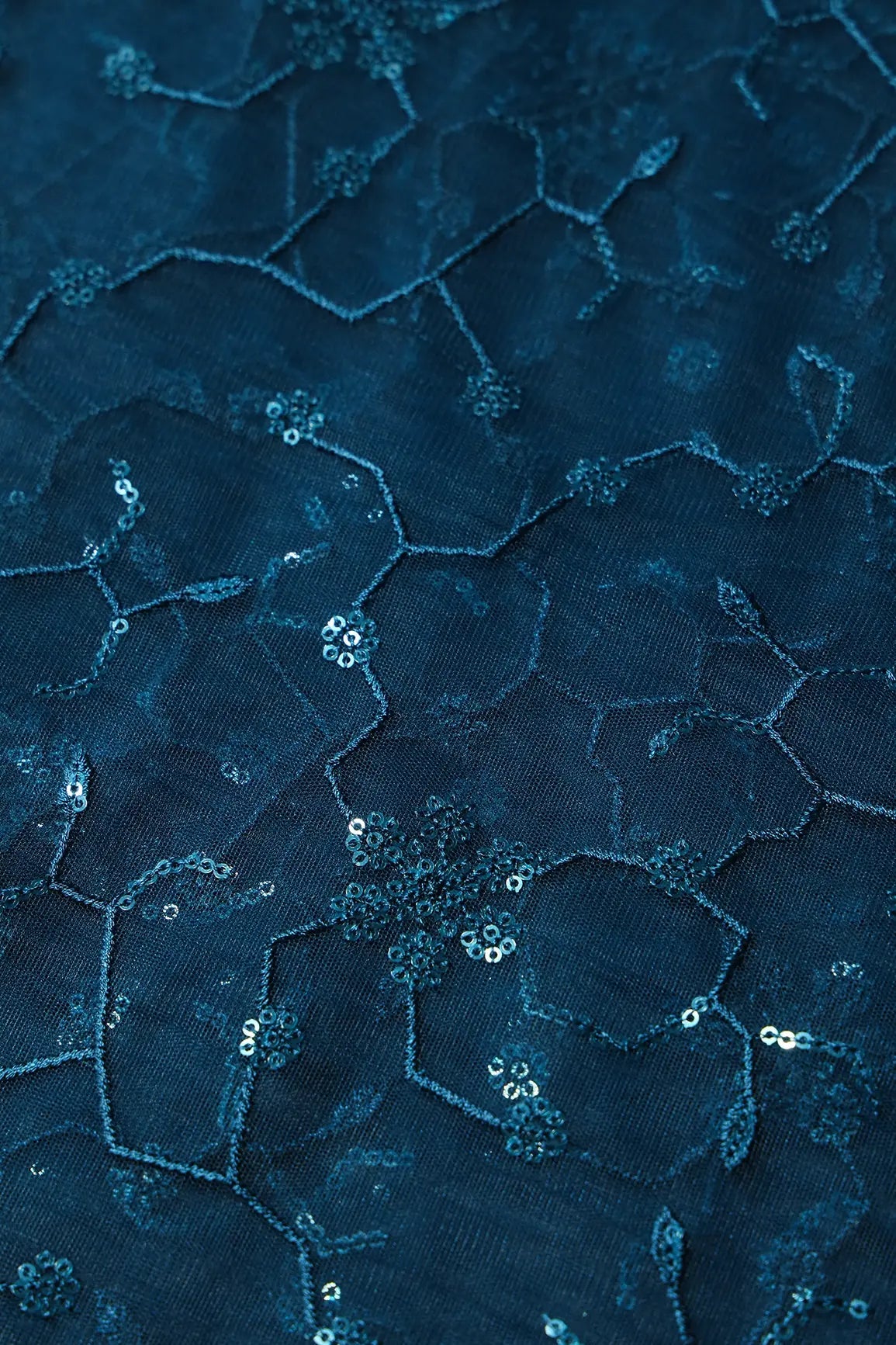 Beautiful Blue Sequins Small Floral Embroidery On Prussian Blue Soft Net Fabric - doeraa