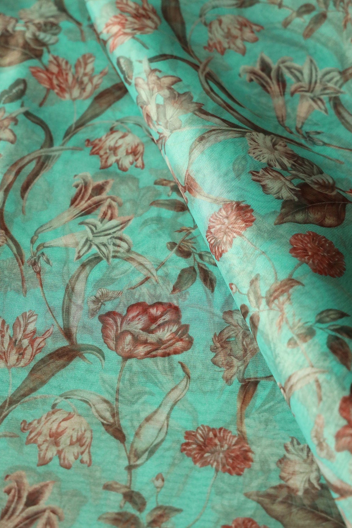 Beautiful Brown Floral Digital Print On Teal Organza Fabric - doeraa
