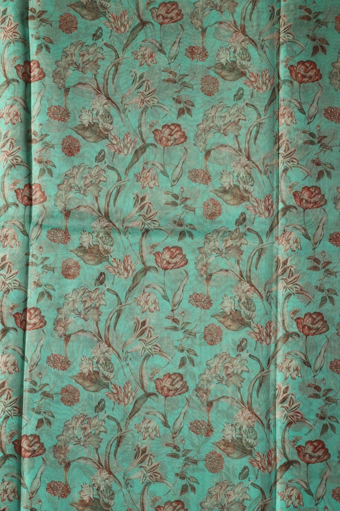 Beautiful Brown Floral Digital Print On Teal Organza Fabric - doeraa