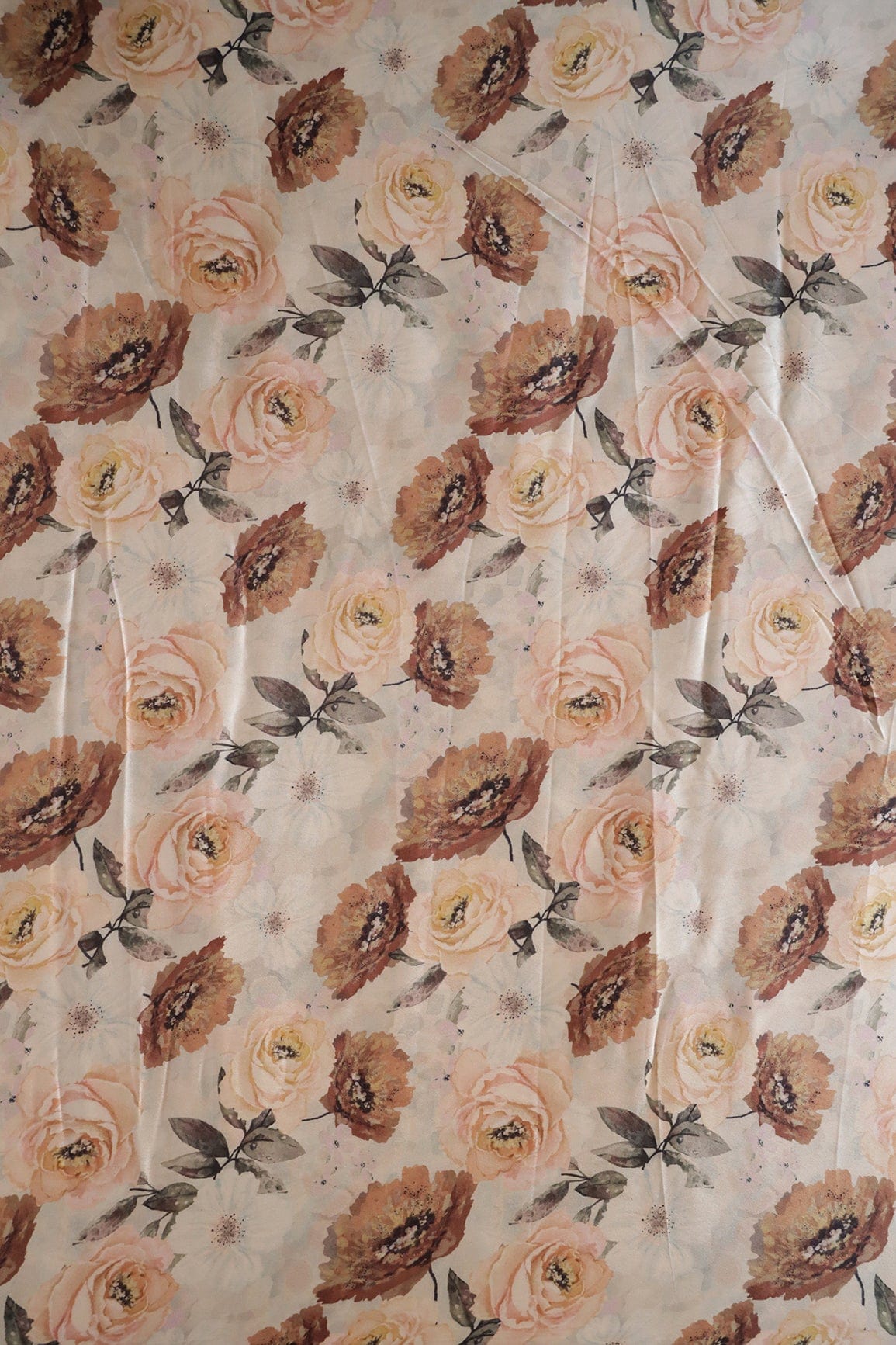Beautiful Brown Floral Pattern Digital Print On Cream Satin Fabric - doeraa