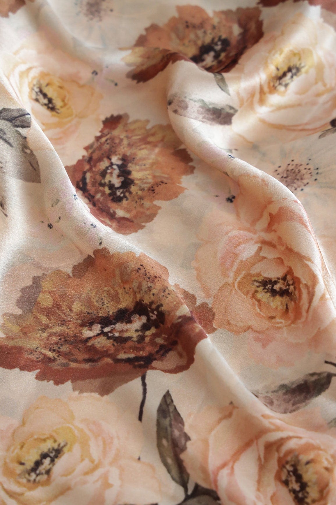 Beautiful Brown Floral Pattern Digital Print On Cream Satin Fabric - doeraa